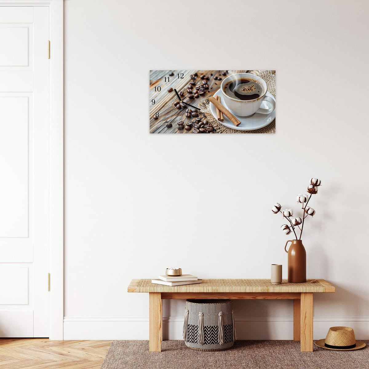 Moderne Wanduhr aus Glas mit Farbtiefe – Wanduhr Kaffee Zimt aus Glas – Querformat 60 × 30 cm