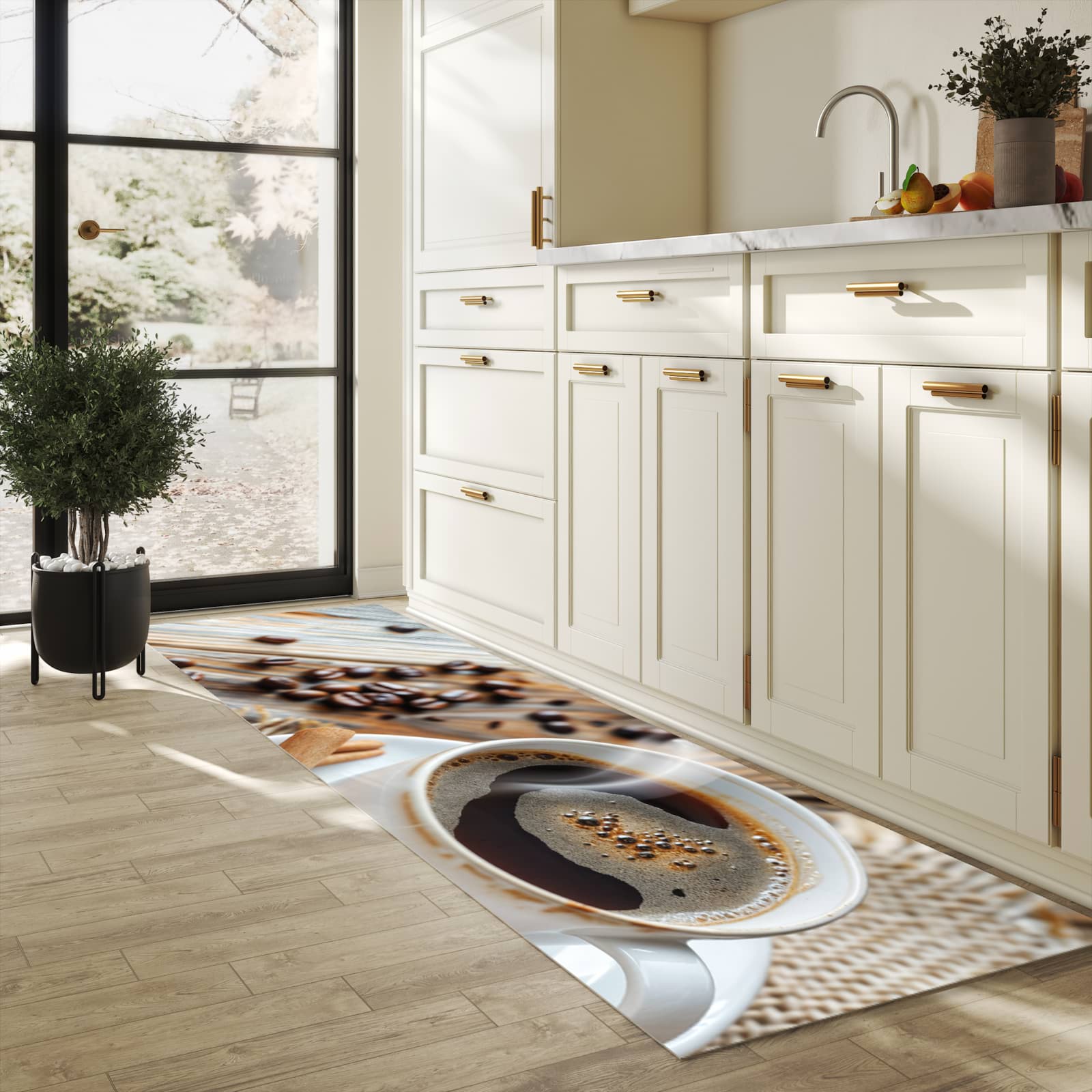 Farbbeständiger Küchenteppich mit Motiv Kaffee Zimt in heller Küche