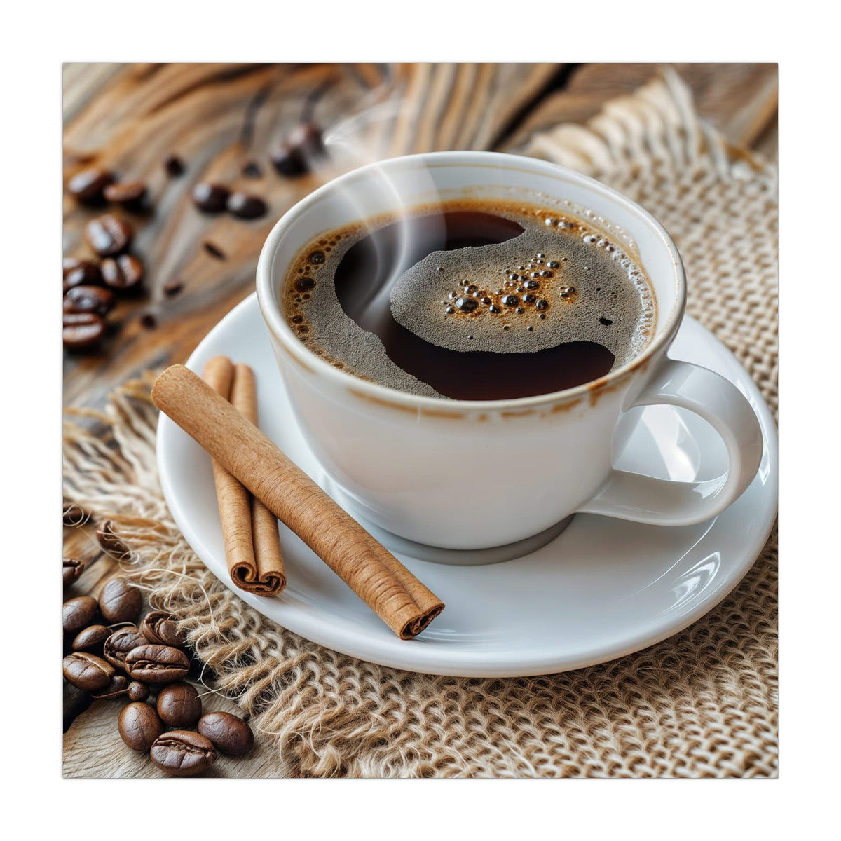 Weiße Tasse schwarzer Kaffee mit Schaum, zwei Zimtstangen auf der Untertasse, Jutestoff