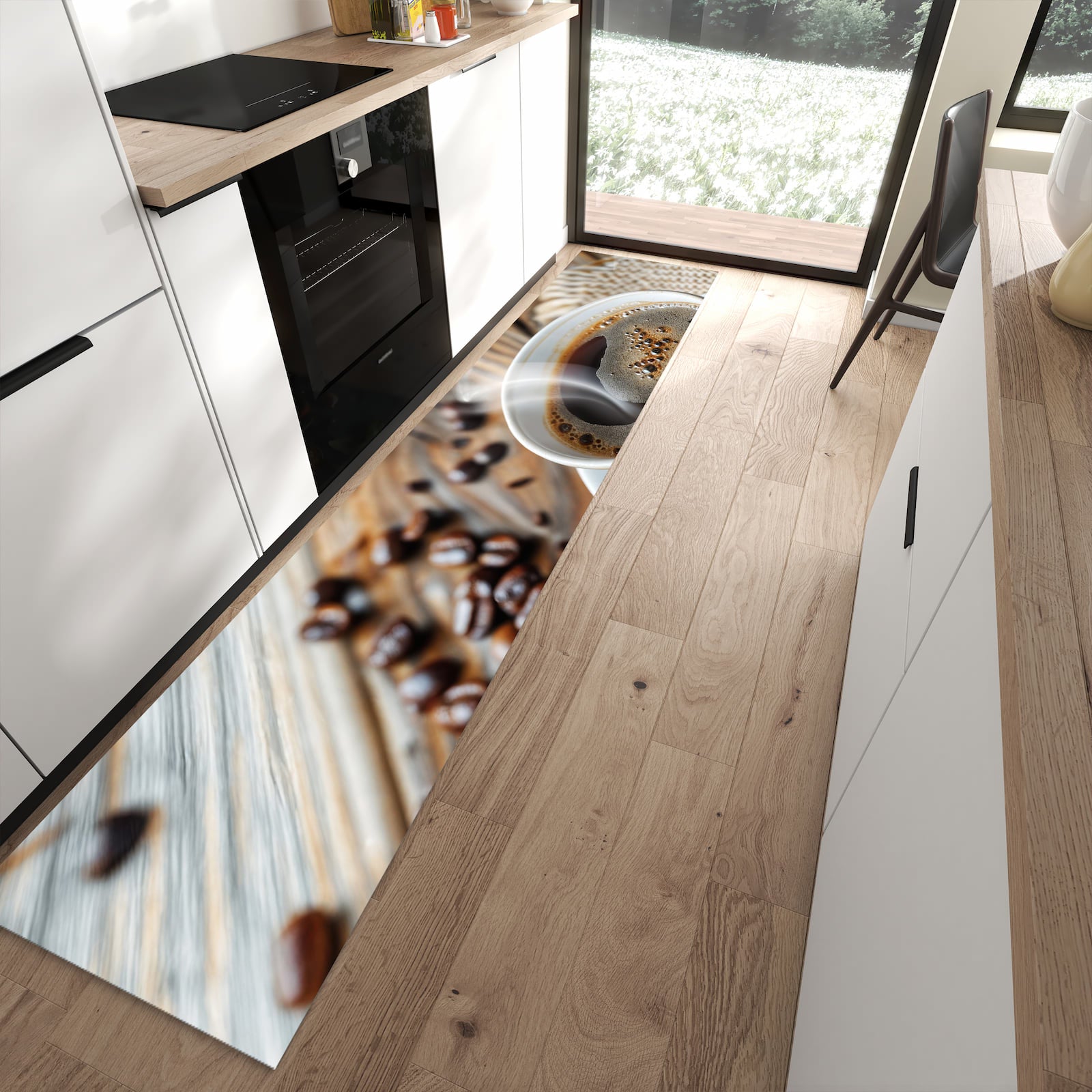 Küchenteppich mit Motiv Kaffee Zimt für Trittkomfort in moderner Küche, waschbar