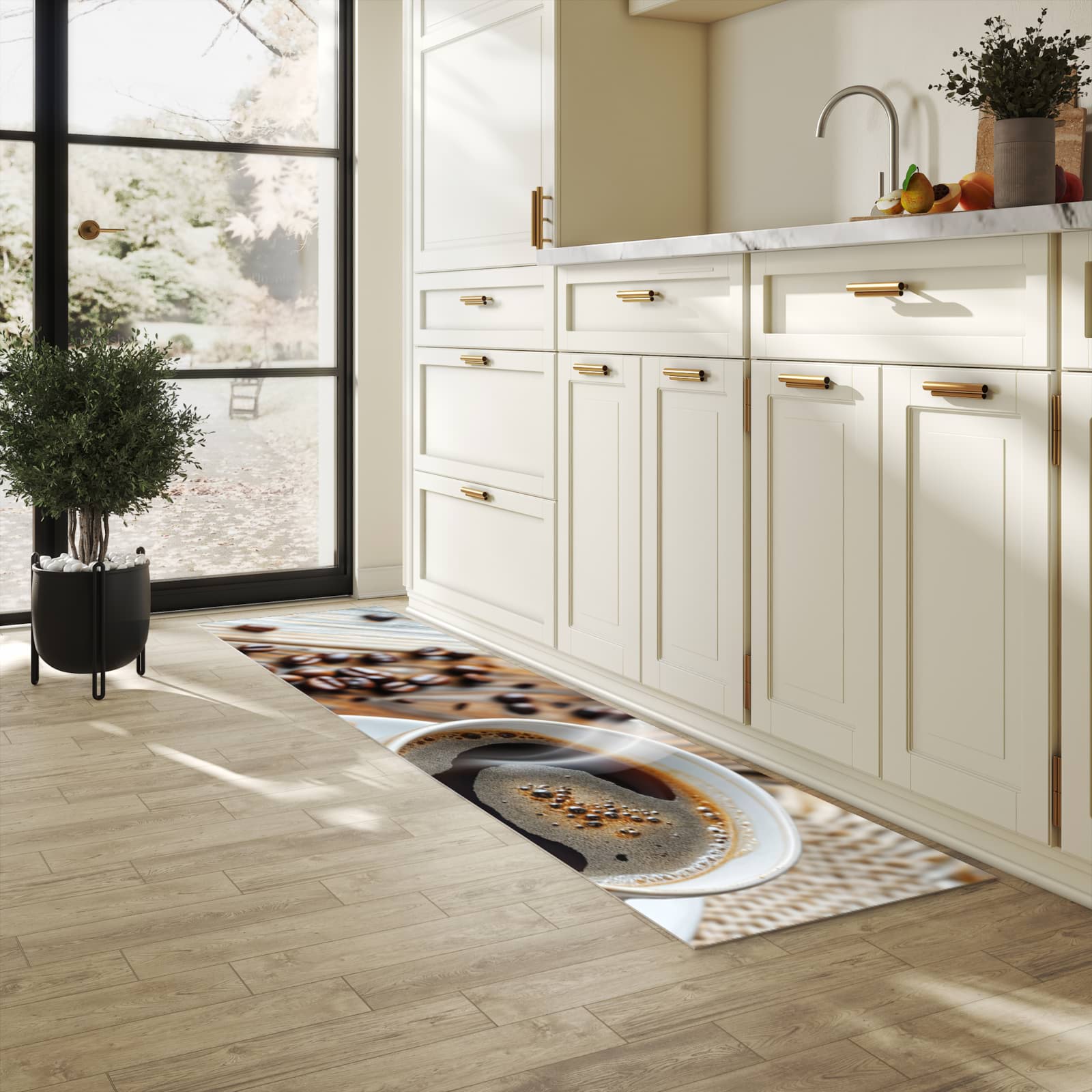 Langlebiger Teppich für Esstisch mit Motiv Kaffee Zimt in heller Küche, waschbar