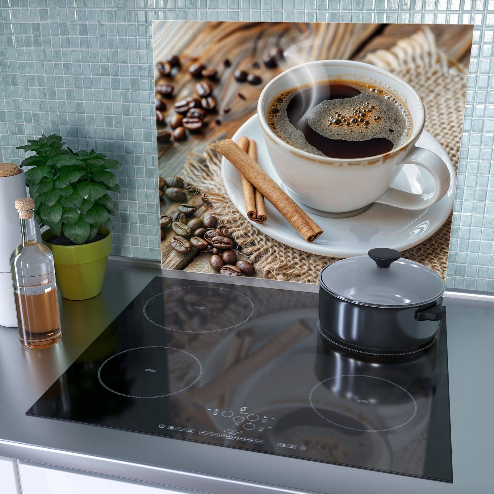 1-teilige Herdabdeckplatte aus Glas mit Kaffee Zimt-Motiv als Spritzschutz hinter dem Kochfeld