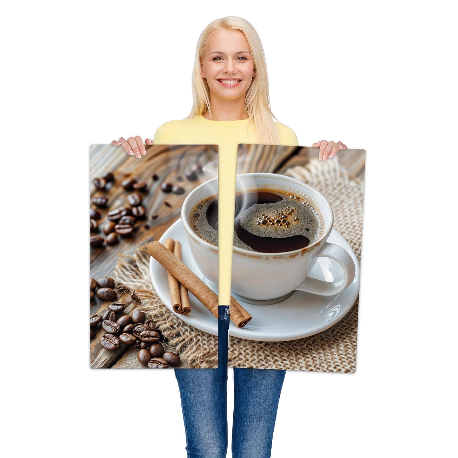 2-teilige Herdabdeckplatte mit Kaffee Zimt-Motiv wird zur Größendarstellung gehalten