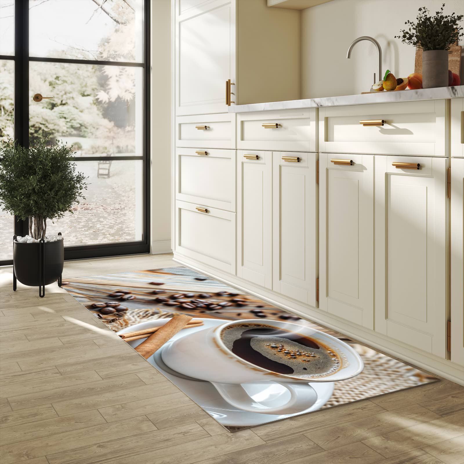 Küchenteppich mit Motiv Kaffee Zimt in heller Küche für sicheres Aufbewahren