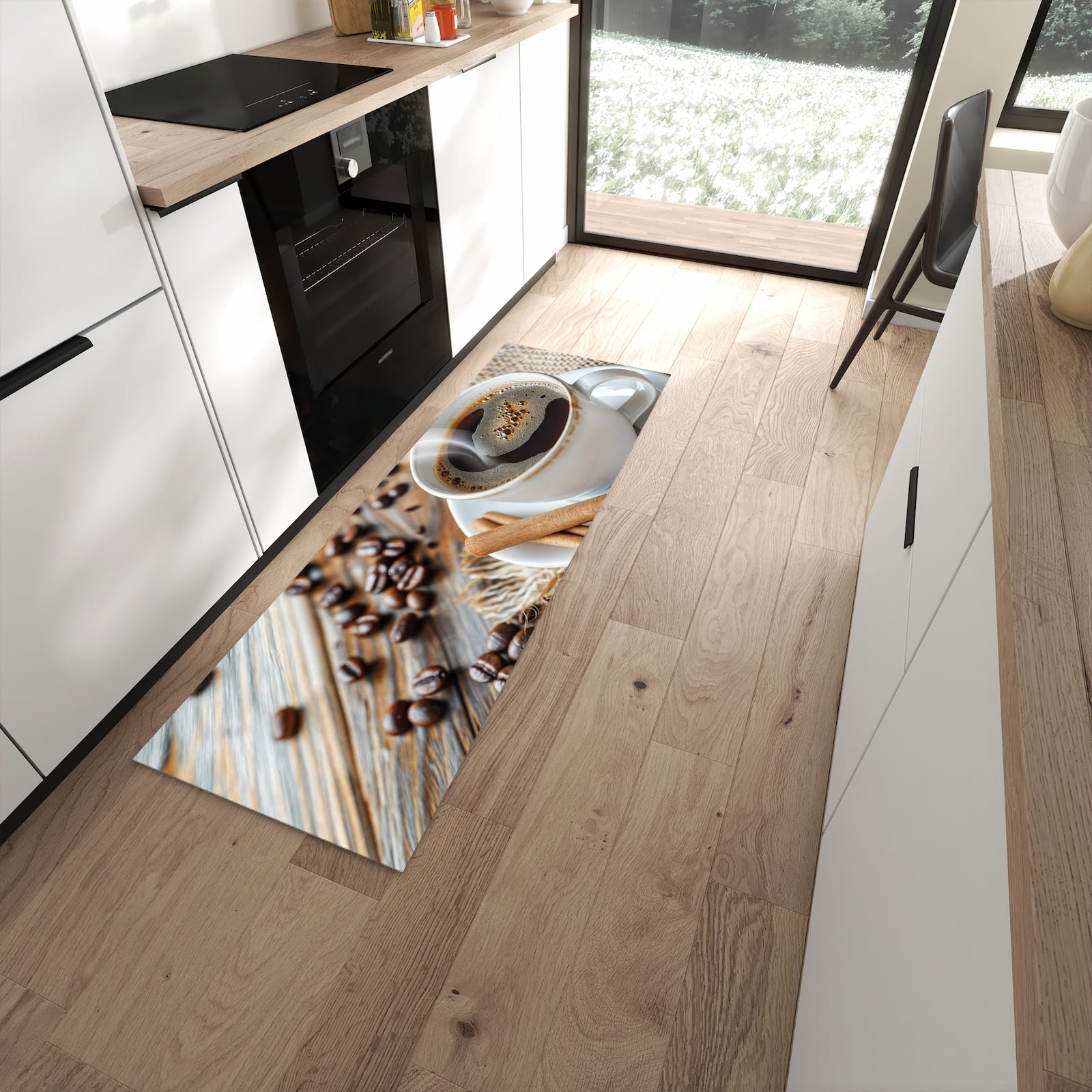 Geräuschdämpfender dünner Teppich mit Motiv Kaffee Zimt in moderner Küche