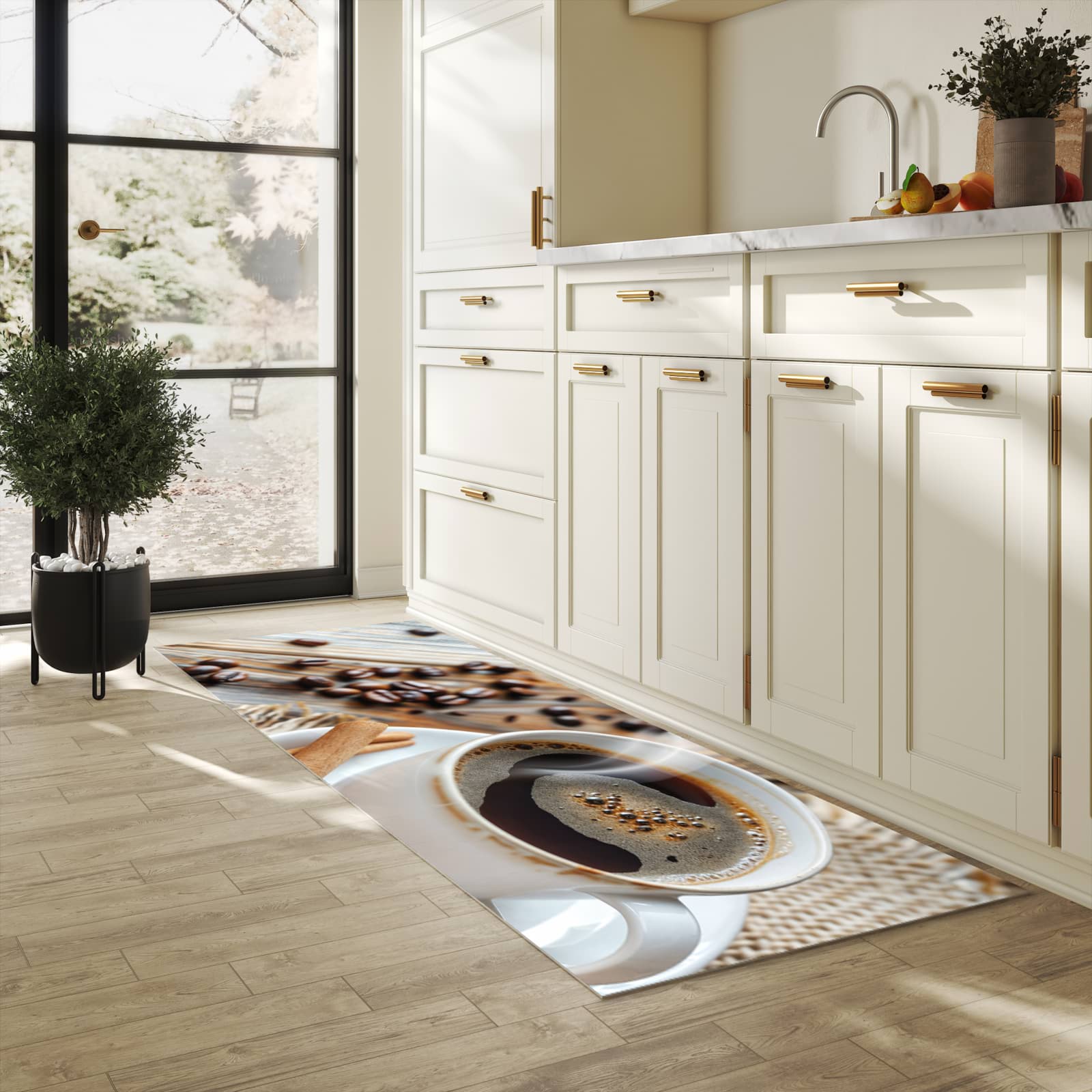 Küchenteppich mit Motiv Kaffee Zimt für Ordnung & Übersicht in heller Küche