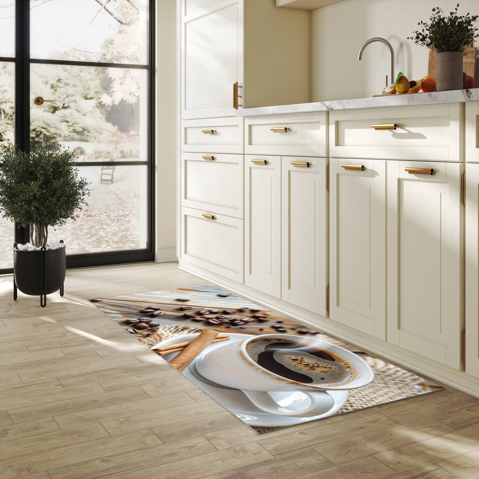 Bodenschonender Bodenläufer-Teppich mit Motiv Kaffee Zimt in heller Küche