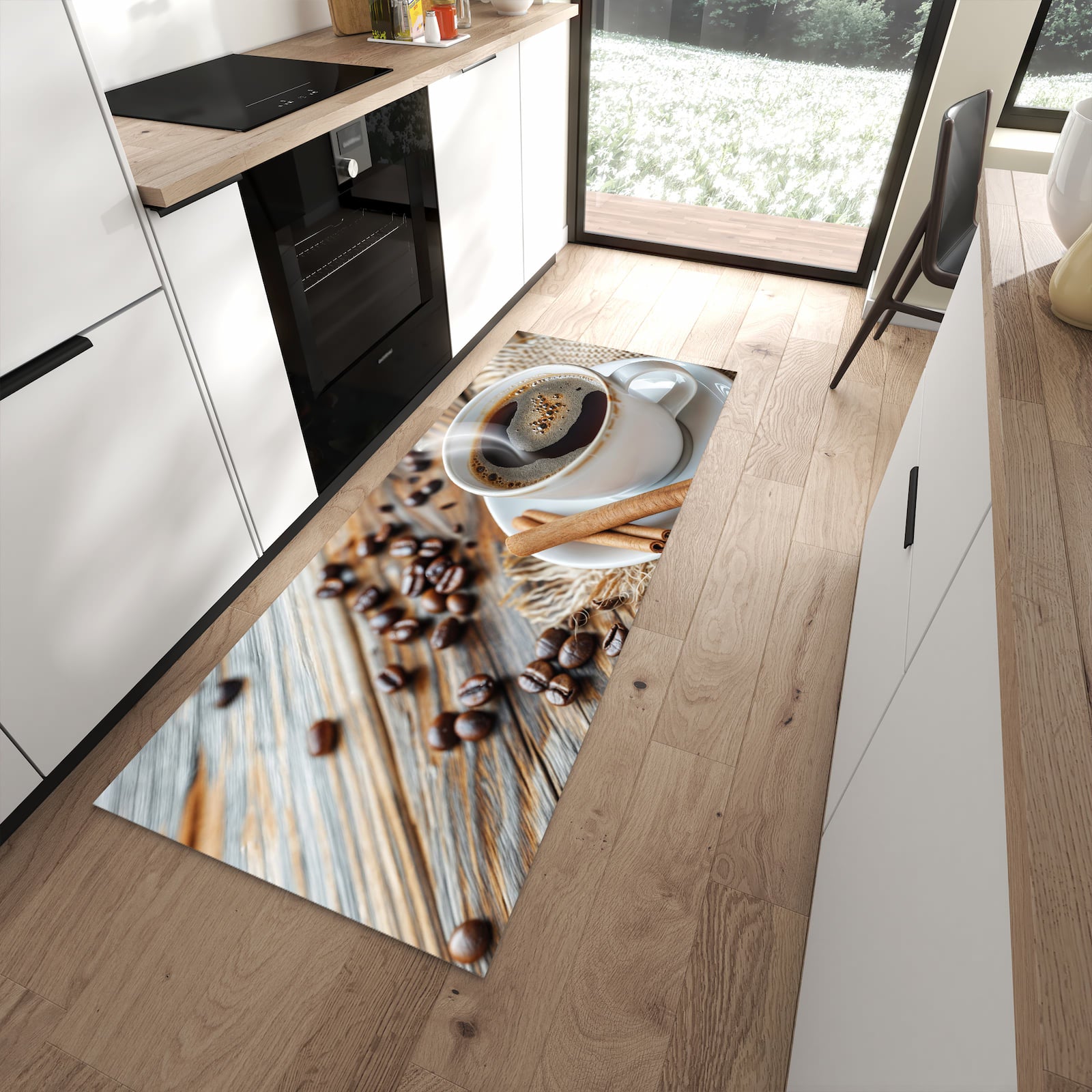 Fleckenresistenter rutschfester Küchenteppich mit Motiv Kaffee Zimt in moderner Küche