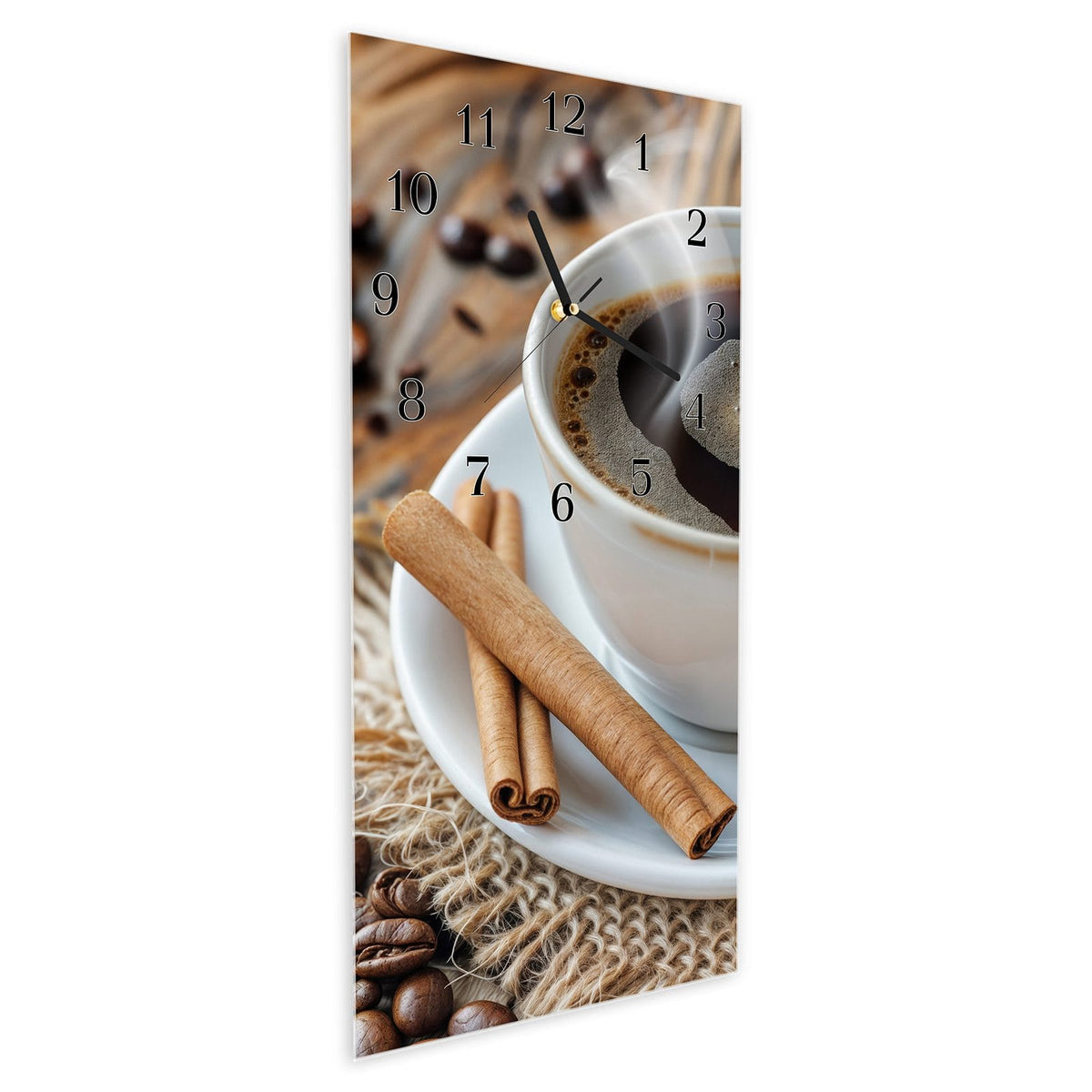 Vormontiert – mit Schwebeeffekt – Wanduhr Kaffee Zimt aus Glas – Hochformat 30 × 60 cm