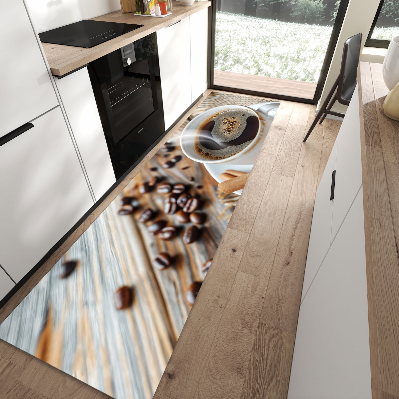 Langlebiger Küchenteppich mit Motiv Kaffee Zimt in moderner Küche