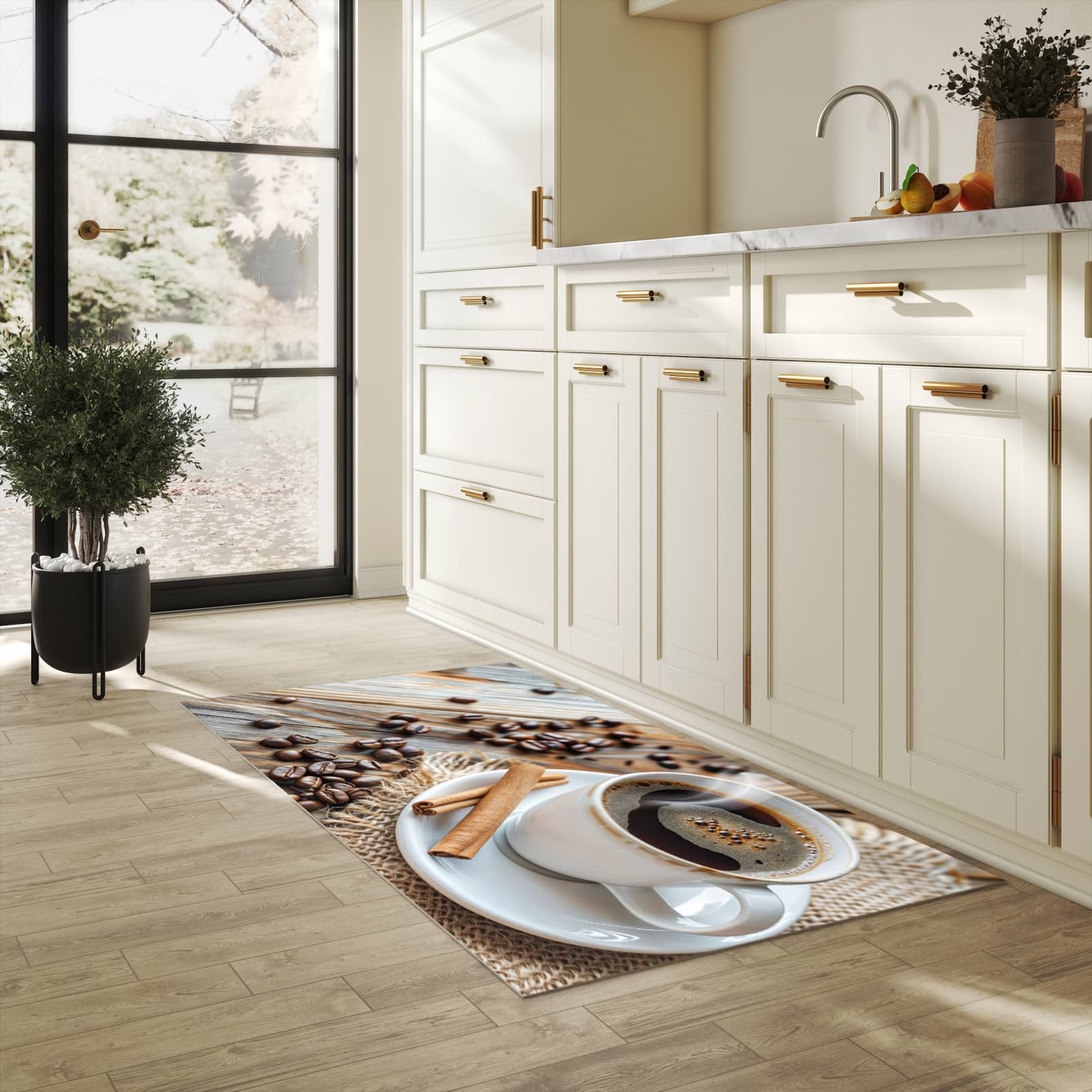 Formstabiler rutschfester Küchenteppich mit Motiv Kaffee Zimt in heller Küche