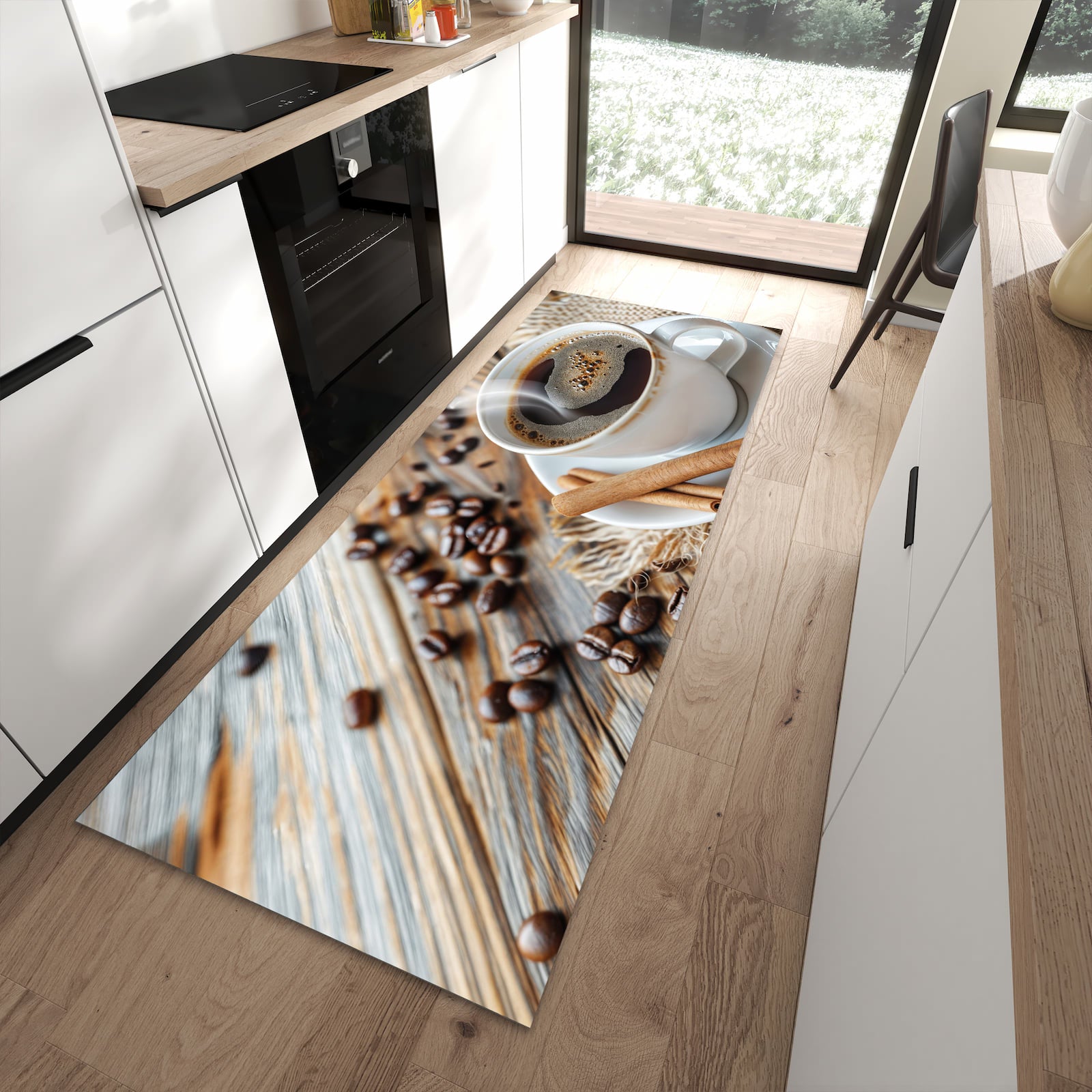 Pflegeleichter Küchenteppich mit Motiv Kaffee Zimt in moderner Küche