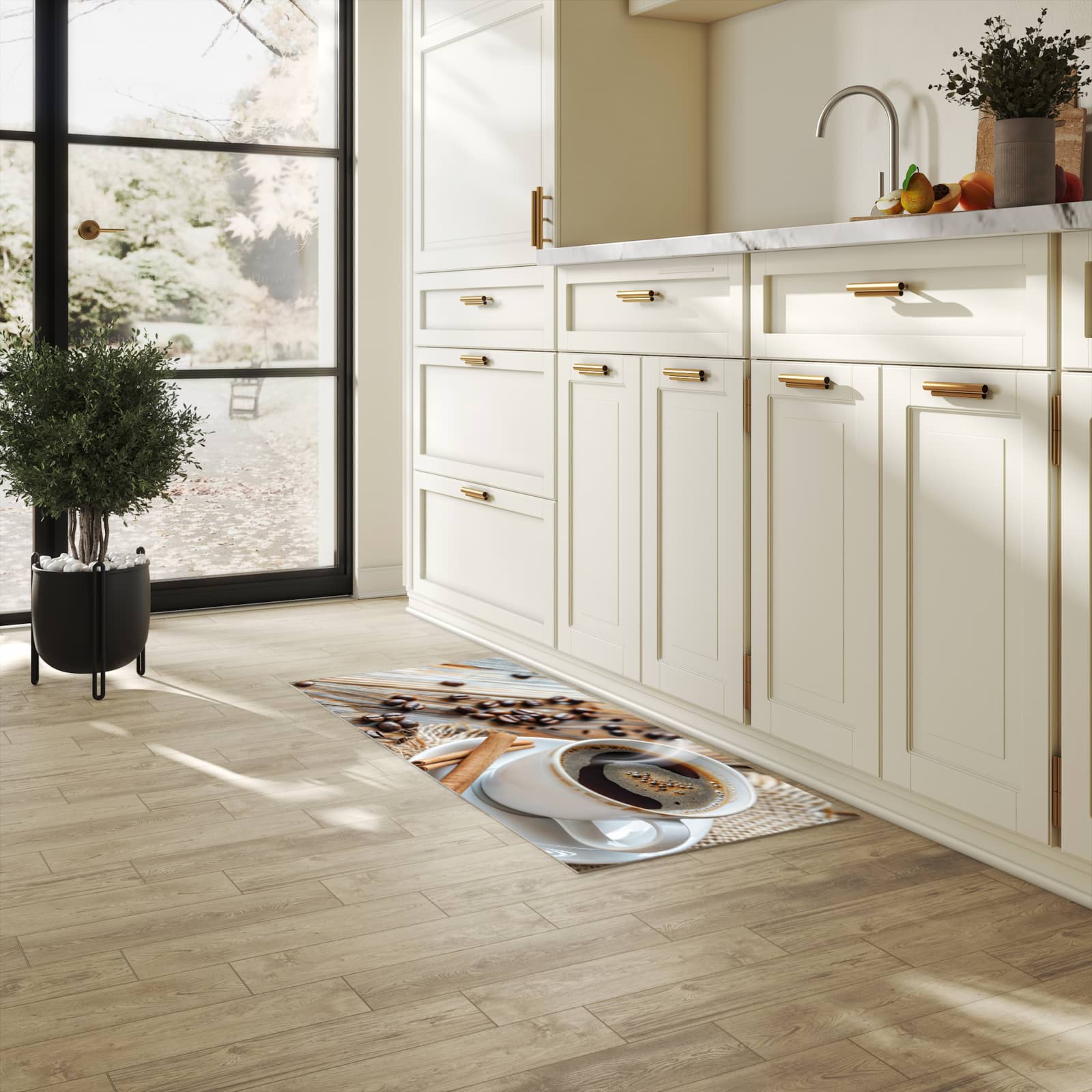 Hygienischer rutschfester Küchenteppich mit Motiv Kaffee Zimt in heller Küche