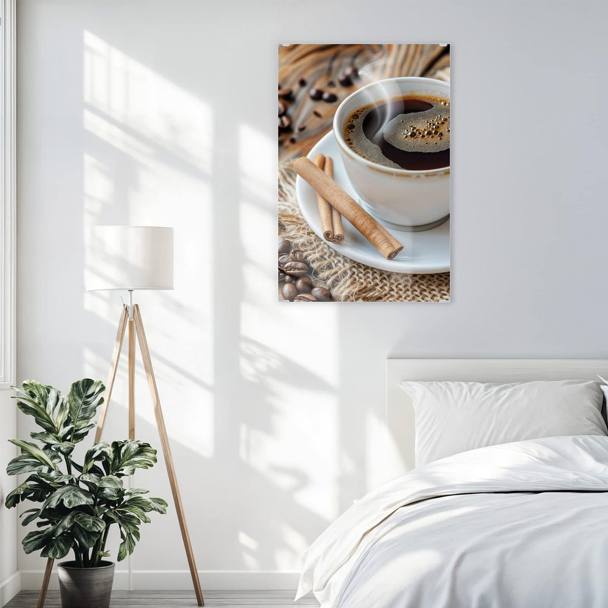 Glasbild Kaffee mit Zimtstangen an der Wand – Weiße Tasse schwarzer Kaffee mit Schaum, zwei Zimtstangen auf der Untertasse, Jutestoff