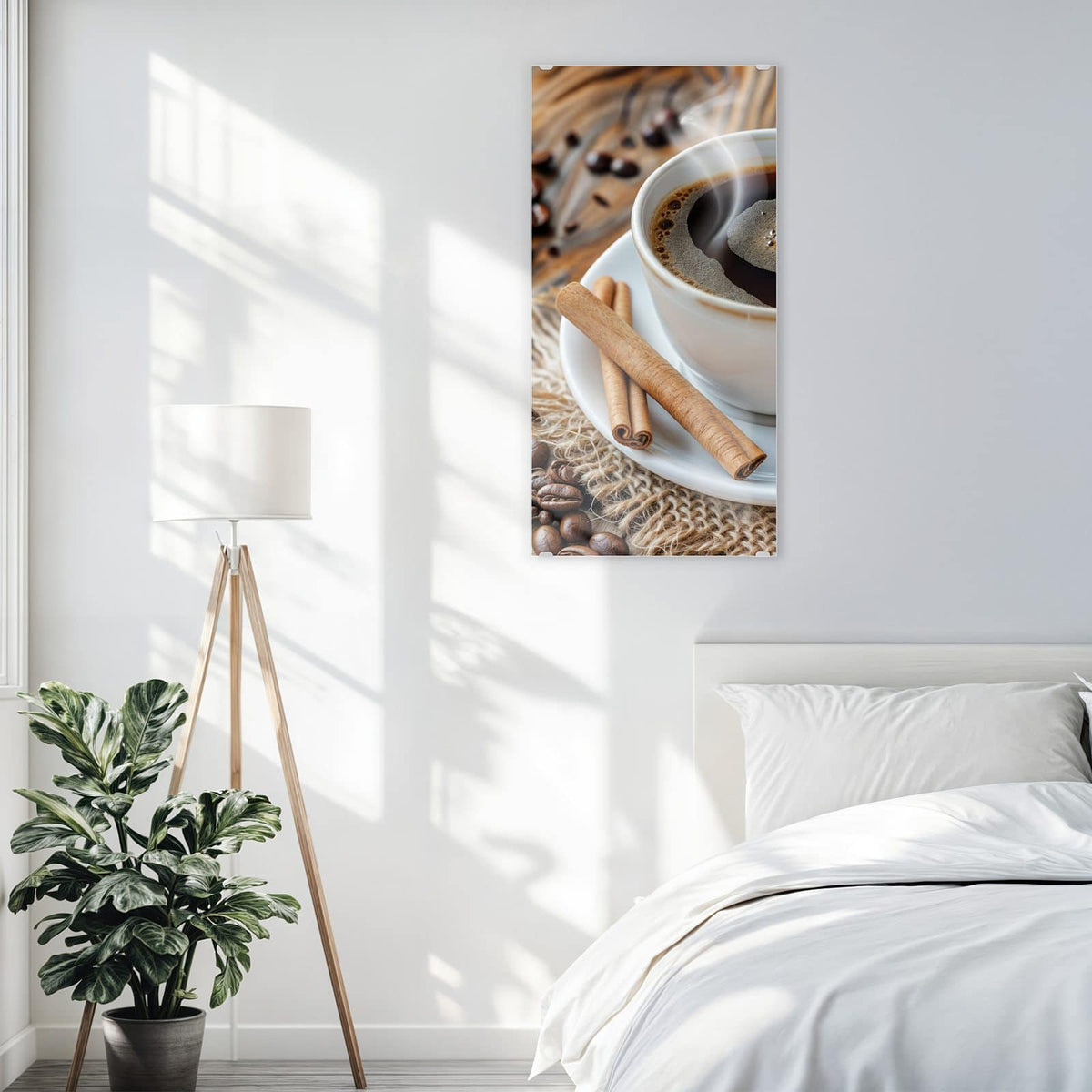 Glasbild Kaffee mit Zimtstangen an der Wand – Weiße Tasse schwarzer Kaffee mit Schaum, zwei Zimtstangen auf der Untertasse, Jutestoff