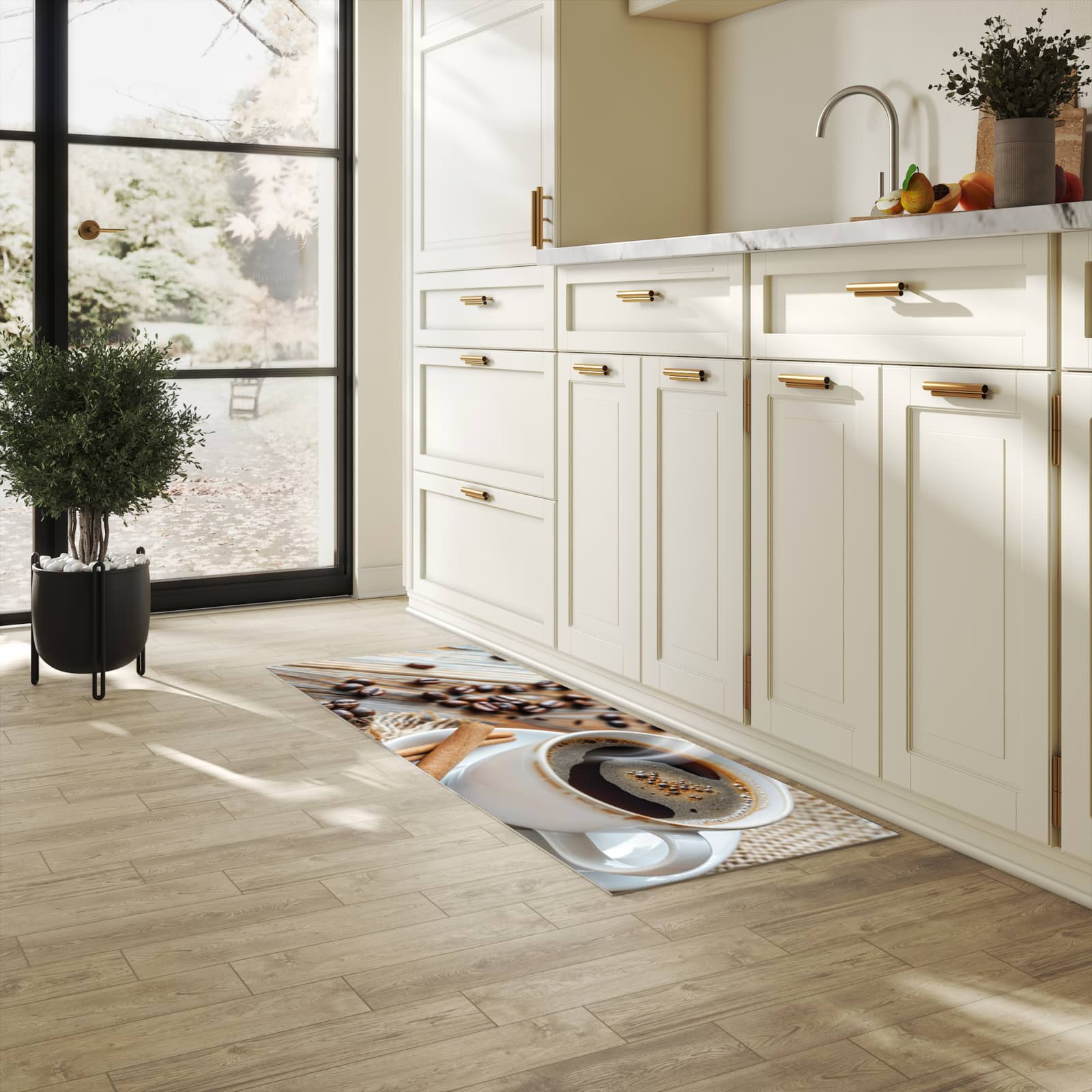 Strapazierfähiger dünner Küchenteppich mit Motiv Kaffee Zimt in heller Küche