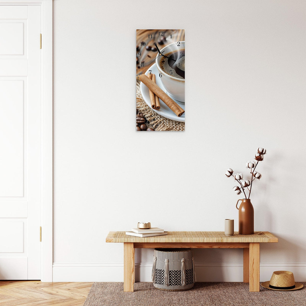 Moderne Wanduhr aus Glas mit Farbtiefe – Wanduhr Kaffee Zimt aus Glas – Hochformat 30 × 60 cm