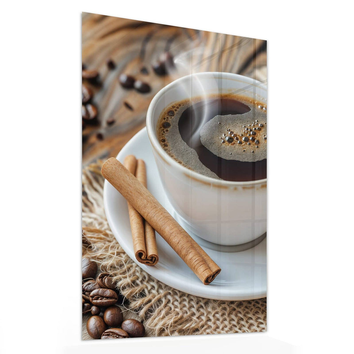 Glasbild Kaffee mit Zimtstangen von der Seite, 4 mm Echtglas