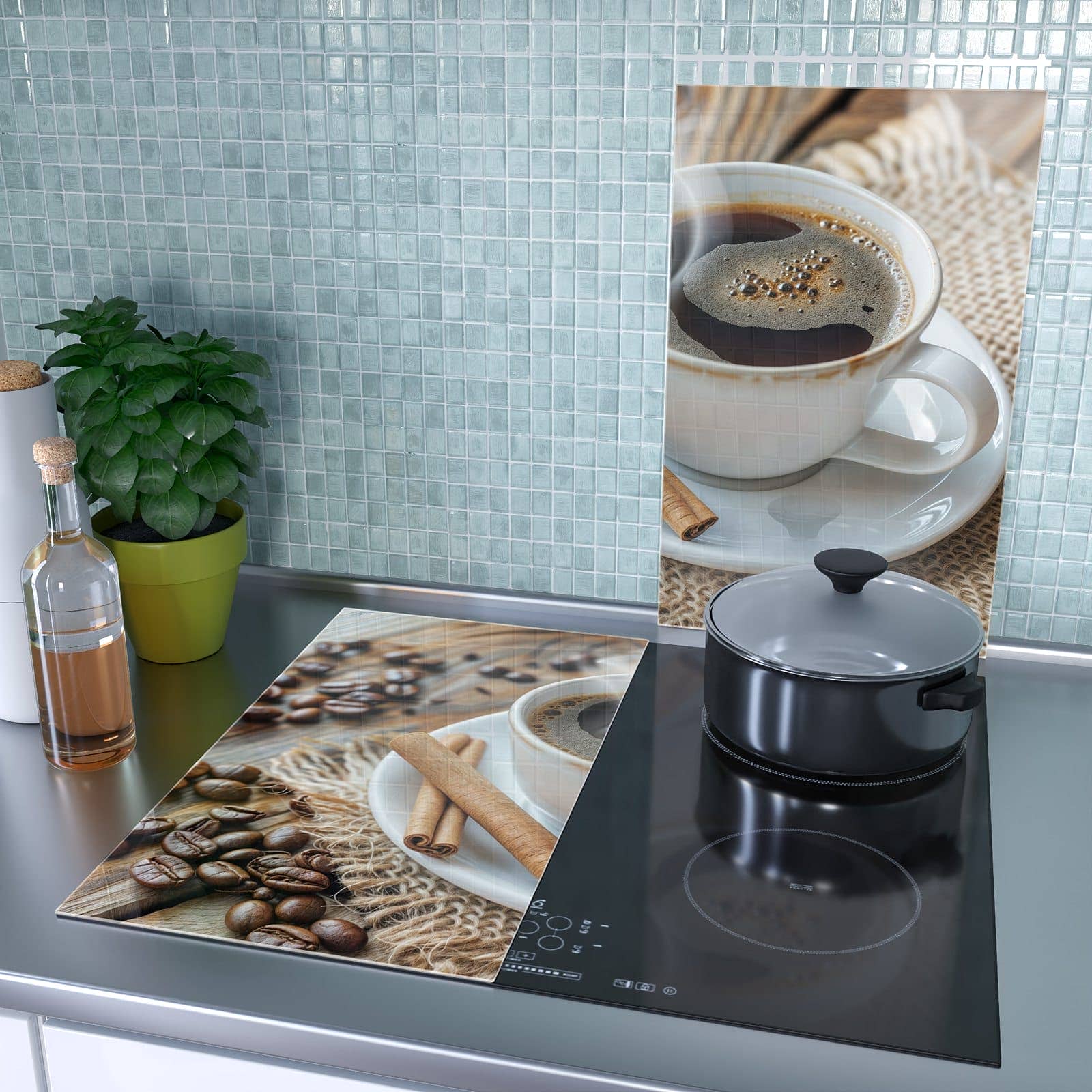 2-teilige Herd Schutzplatte mit Kaffee Zimt-Motiv als Spritzschutz hinter dem Kochfeld