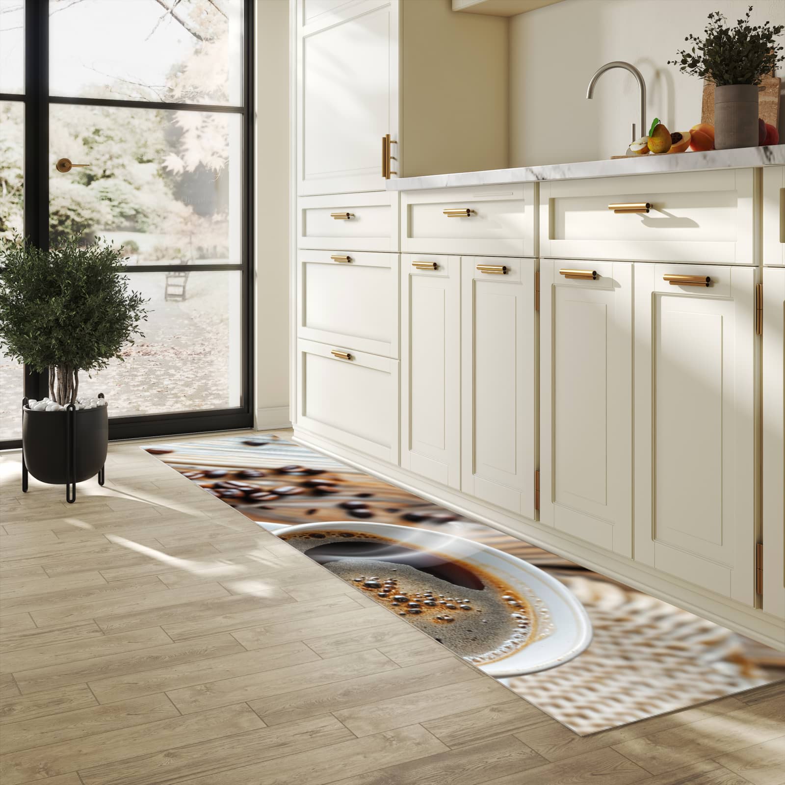 Rutschfester Küchenteppich mit Motiv Kaffee Zimt in heller Küche