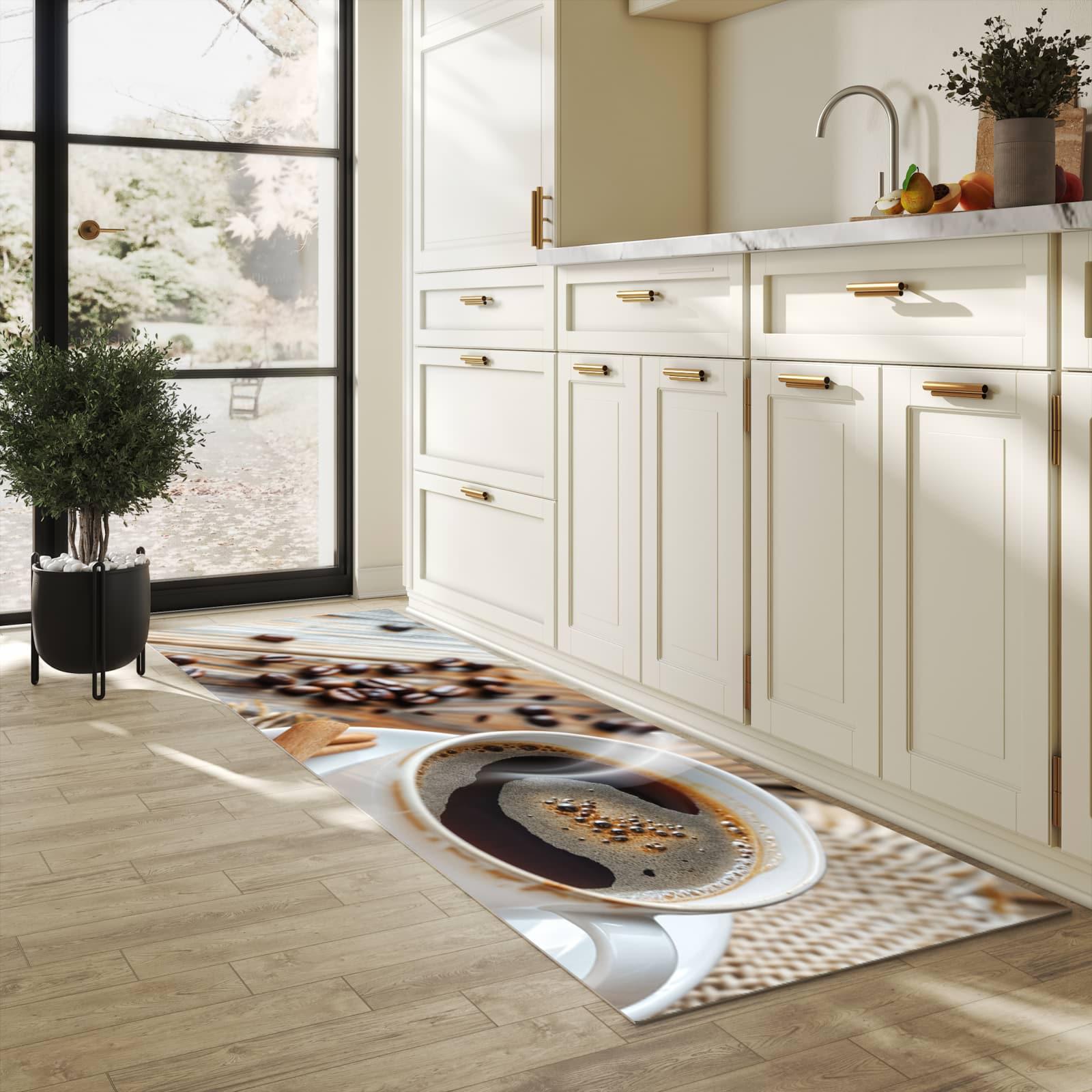 Bodenschonender waschbarer Küchenteppich mit Motiv Kaffee Zimt in heller Küche