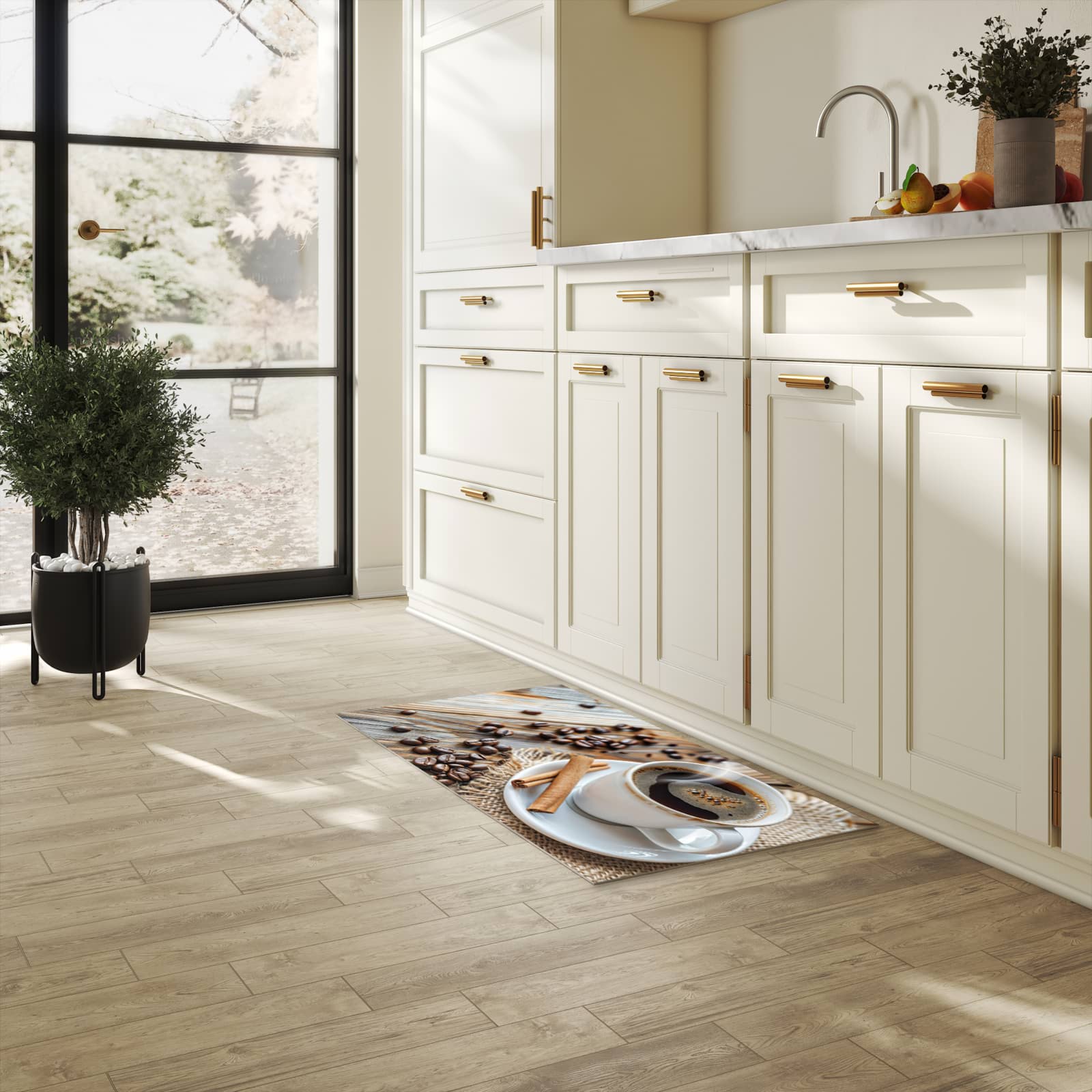 Dünner Küchenteppich mit Motiv Kaffee Zimt in heller Küche für angenehme Haptik