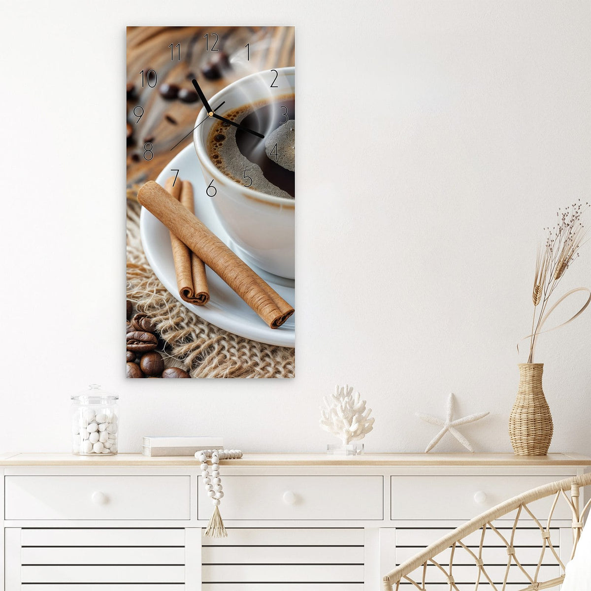 Wanduhr Kaffee Zimt aus Glas – Dampfender Kaffee mit Zimtstangen