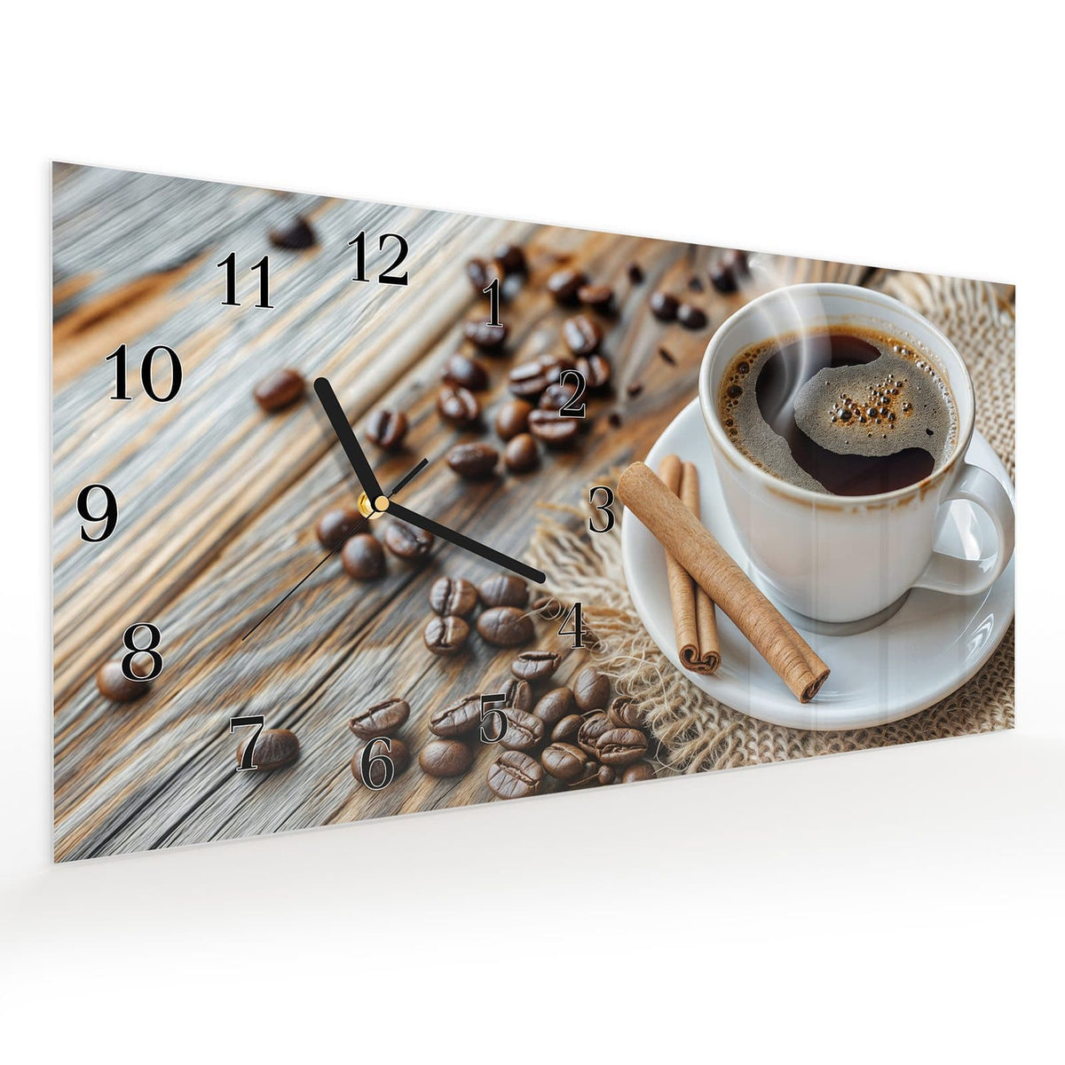 Vormontiert – mit Schwebeeffekt – Wanduhr Kaffee Zimt aus Glas – Querformat 60 × 30 cm