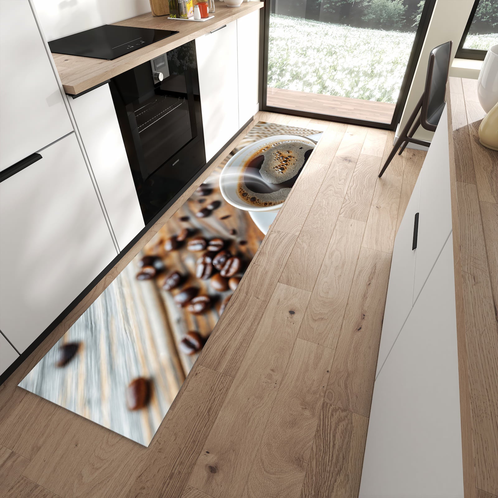 UV-beständiger waschbarer Küchenteppich mit Motiv Kaffee Zimt in moderner Küche