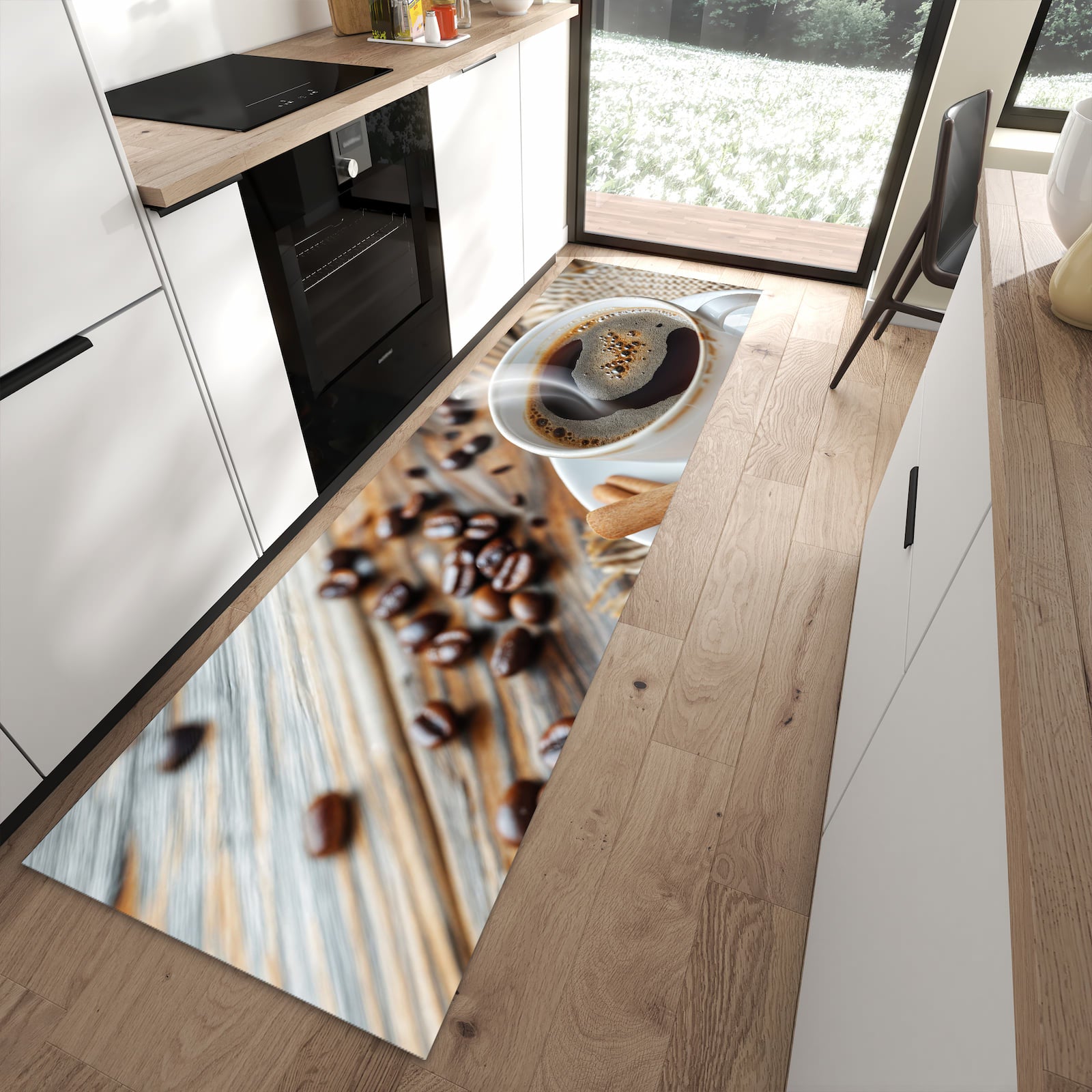 Geruchsneutraler Bodenläufer Teppich mit Motiv Kaffee Zimt in moderner Küche
