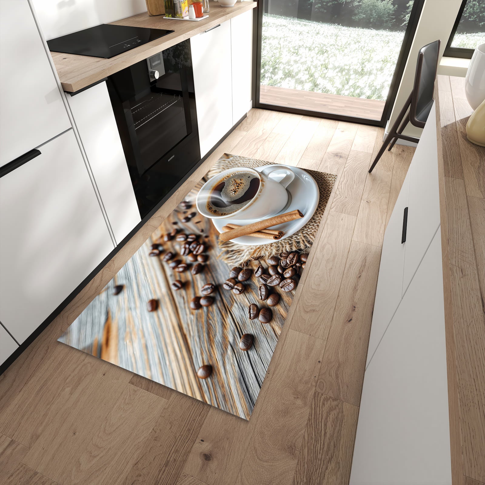 Flacher Küchenteppich mit Motiv Kaffee Zimt in moderner Küche - waschbar