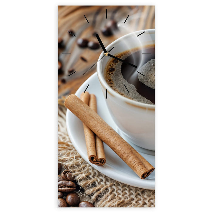 Wanduhr Kaffee Zimt aus Glas – Hochformat 30 × 60 cm mit Ziffernblatt Linie