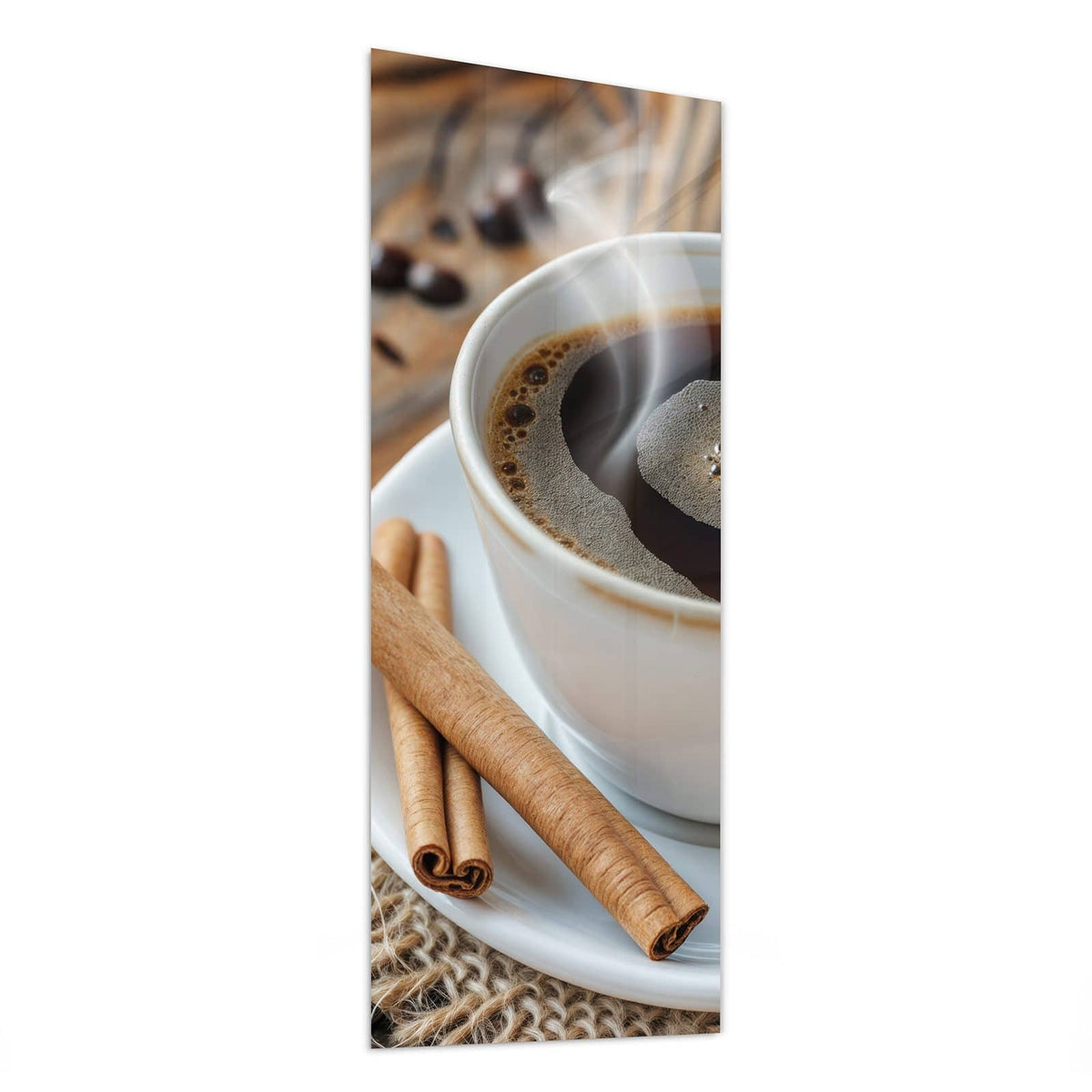 Glasbild Kaffee mit Zimtstangen von der Seite, 4 mm Echtglas