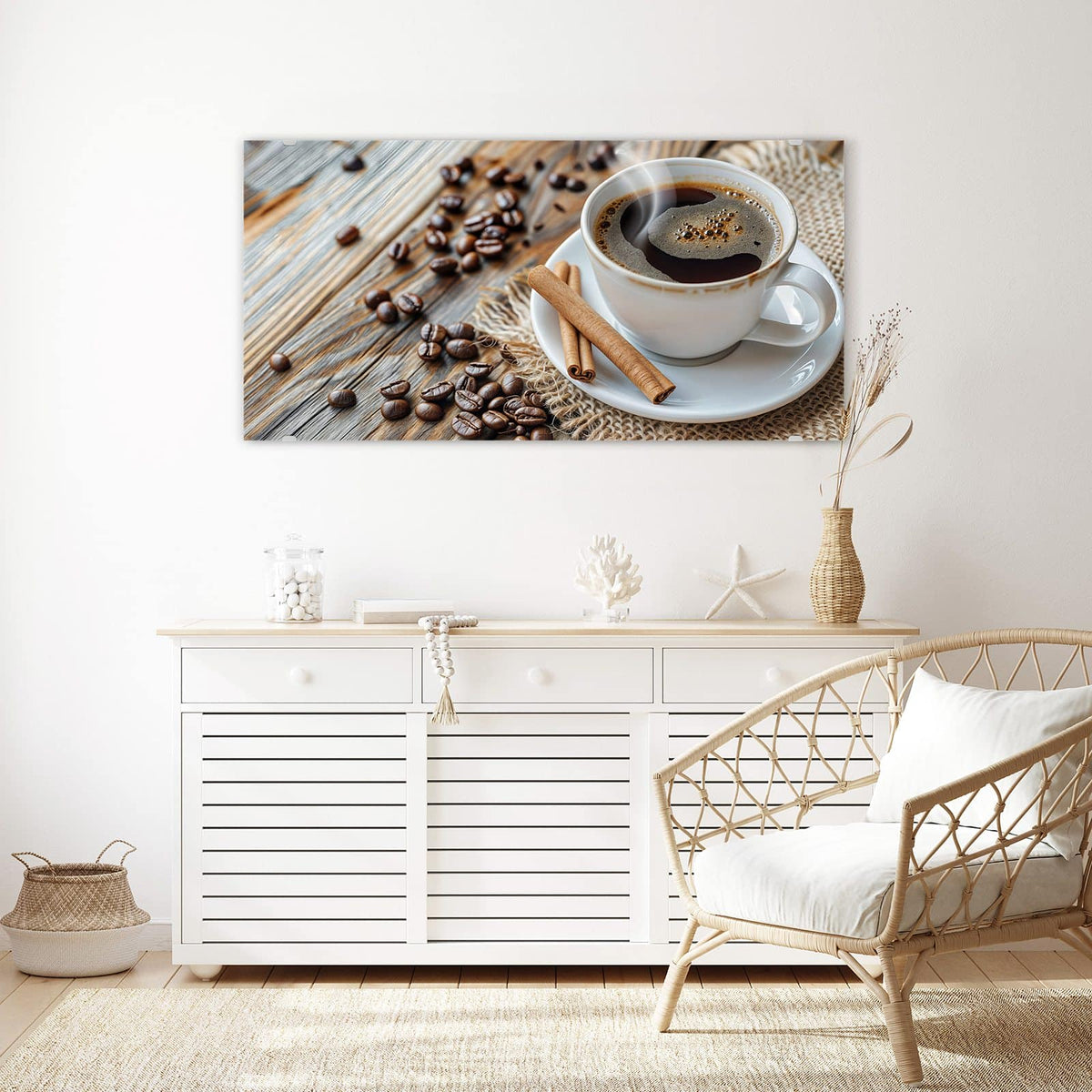 Echtglas, 4 mm – kein Acryl, keine Folie – Wandbild - Kaffee mit Zimtstangen - Querformat