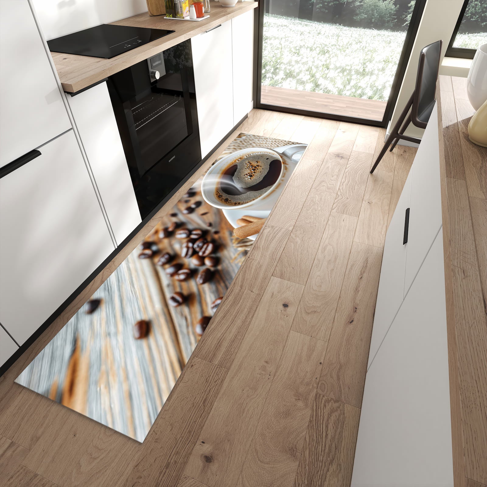 Abriebfester Küchenteppich mit Motiv Kaffee Zimt in moderner Küche