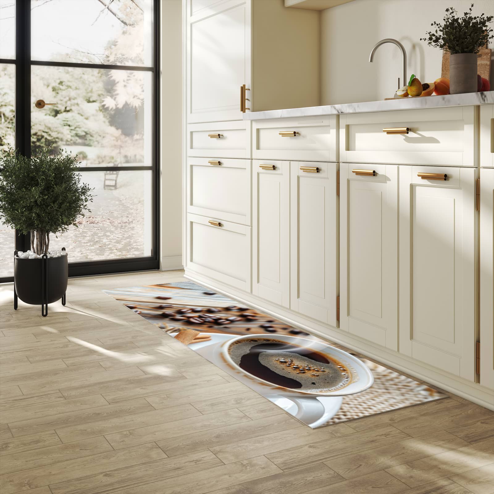 Waschbarer Teppich fürs Esszimmer mit Motiv Kaffee Zimt in heller Küche