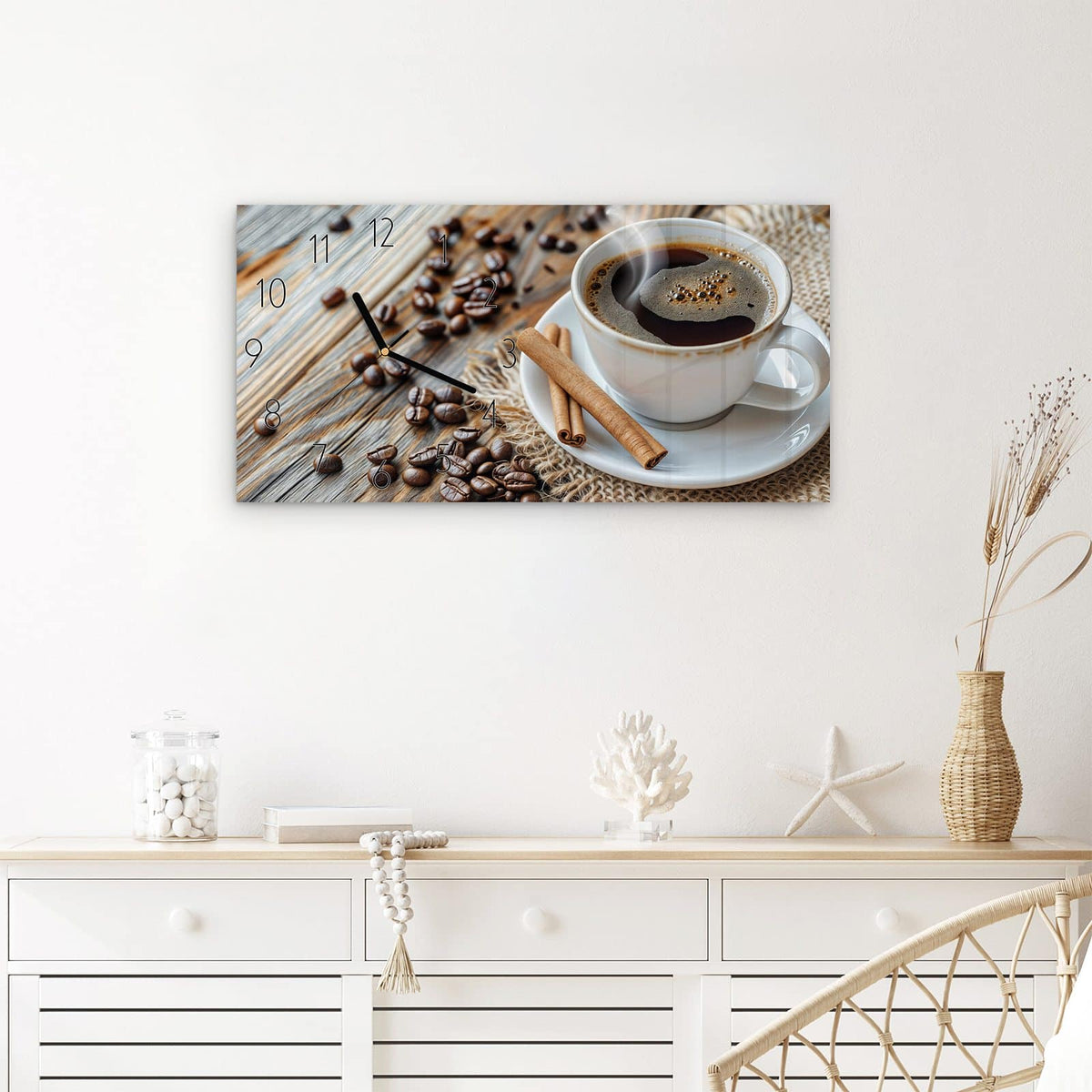 Wanduhr Kaffee Zimt aus Glas – Querformat 60 × 30 cm – Dampfender Kaffee mit Zimtstangen