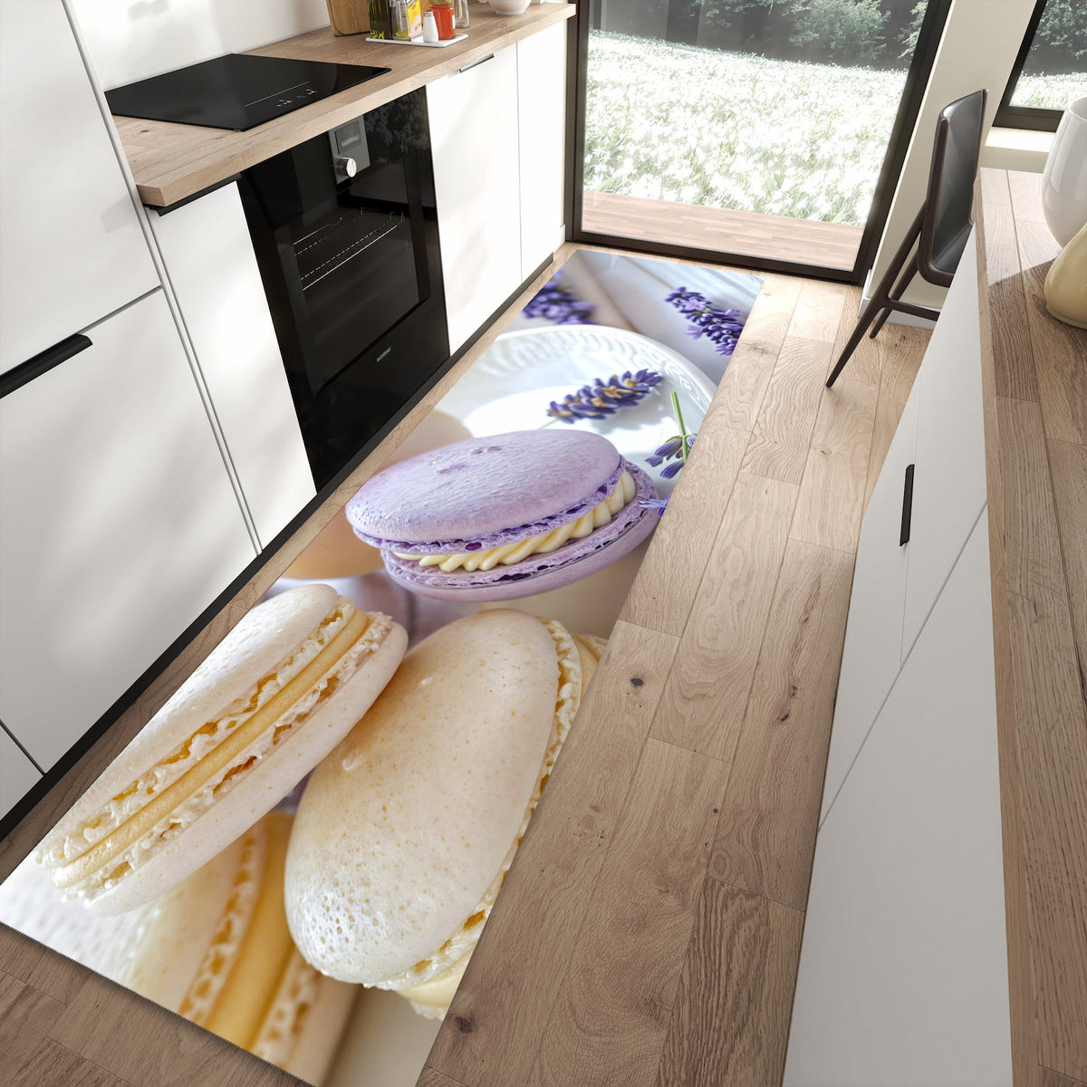Bodenschonender waschbarer Küchenläufer mit Motiv Lavendel Macarons in moderner Küche