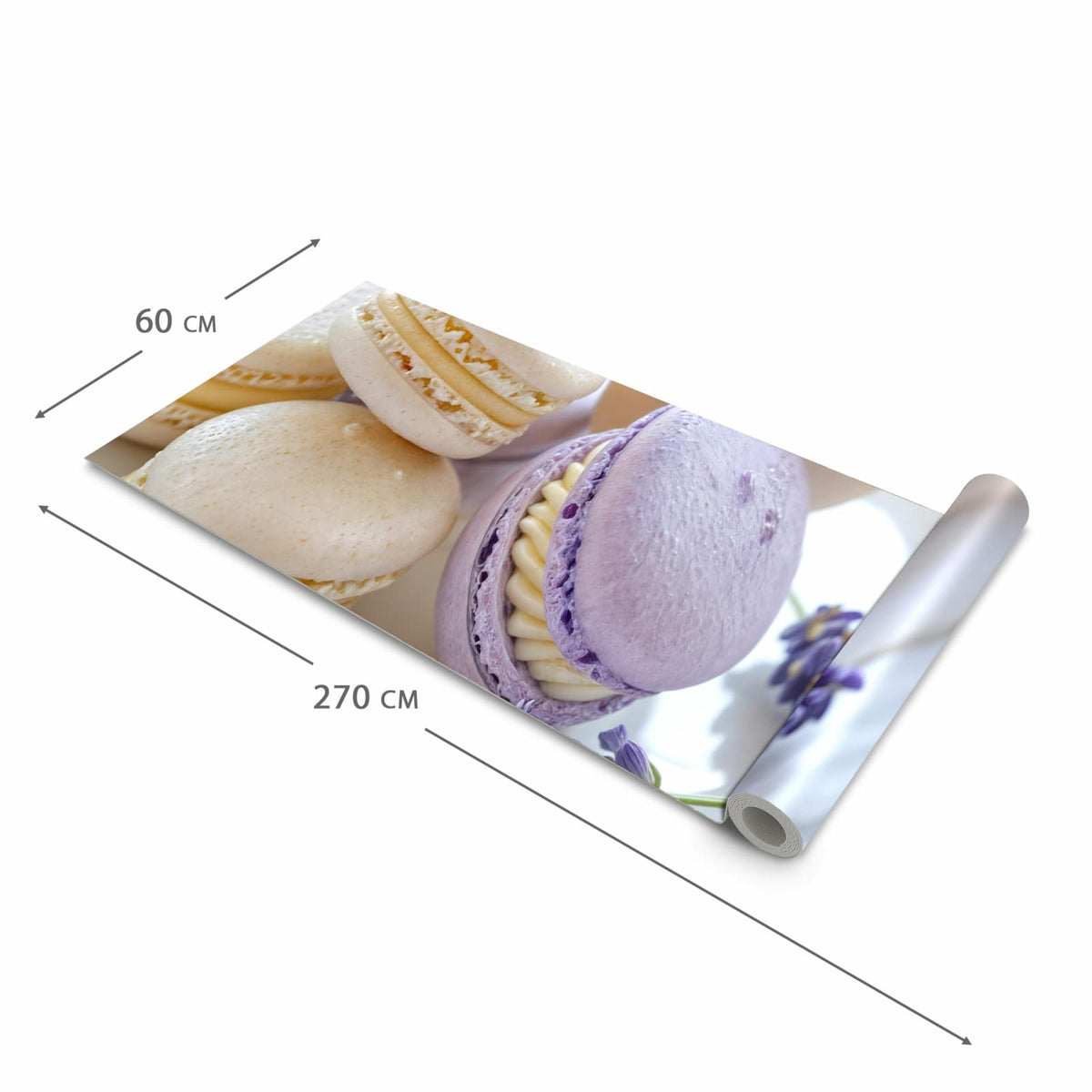 Wasserabweisender Läufer für die Küche mit Motiv Lavendel Macarons in der Grösse 60x180 cm