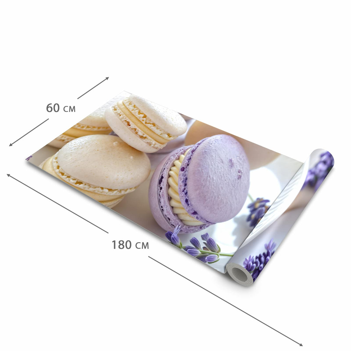 UV-beständiger Küchenteppich mit Motiv Lavendel Macarons in der Grösse 60x180 cm