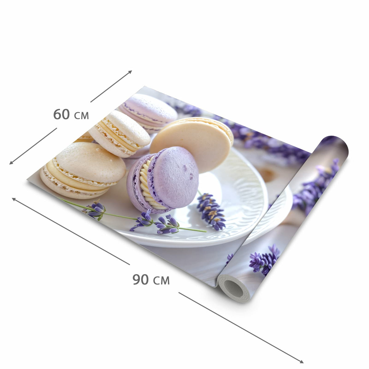 Schmutzabweisender Küchenteppich mit Motiv Lavendel Macarons in der Grösse 60x180 cm