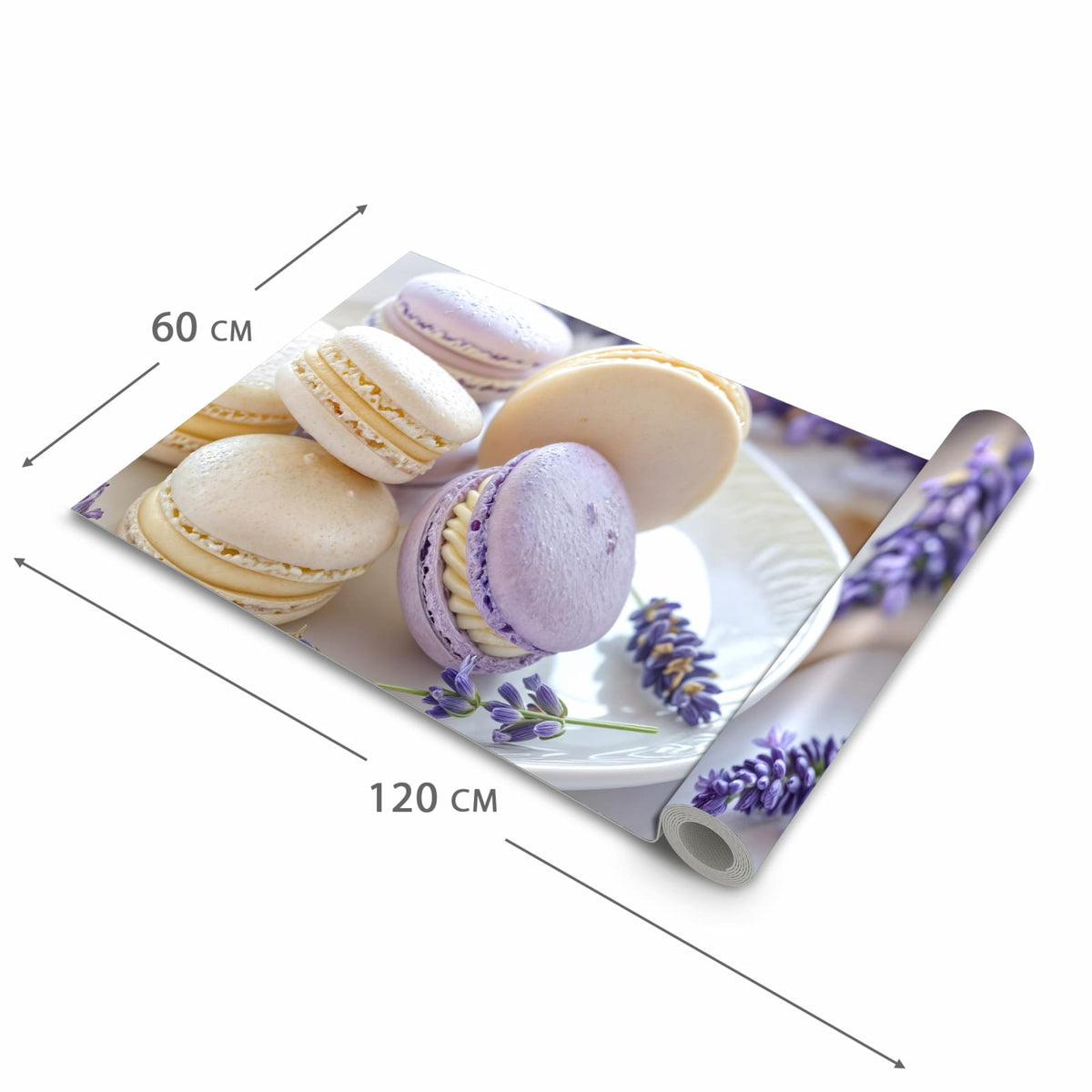 Geräuschdämpfender Teppich für die Küche mit Motiv Lavendel Macarons in der Größe 60x180 cm