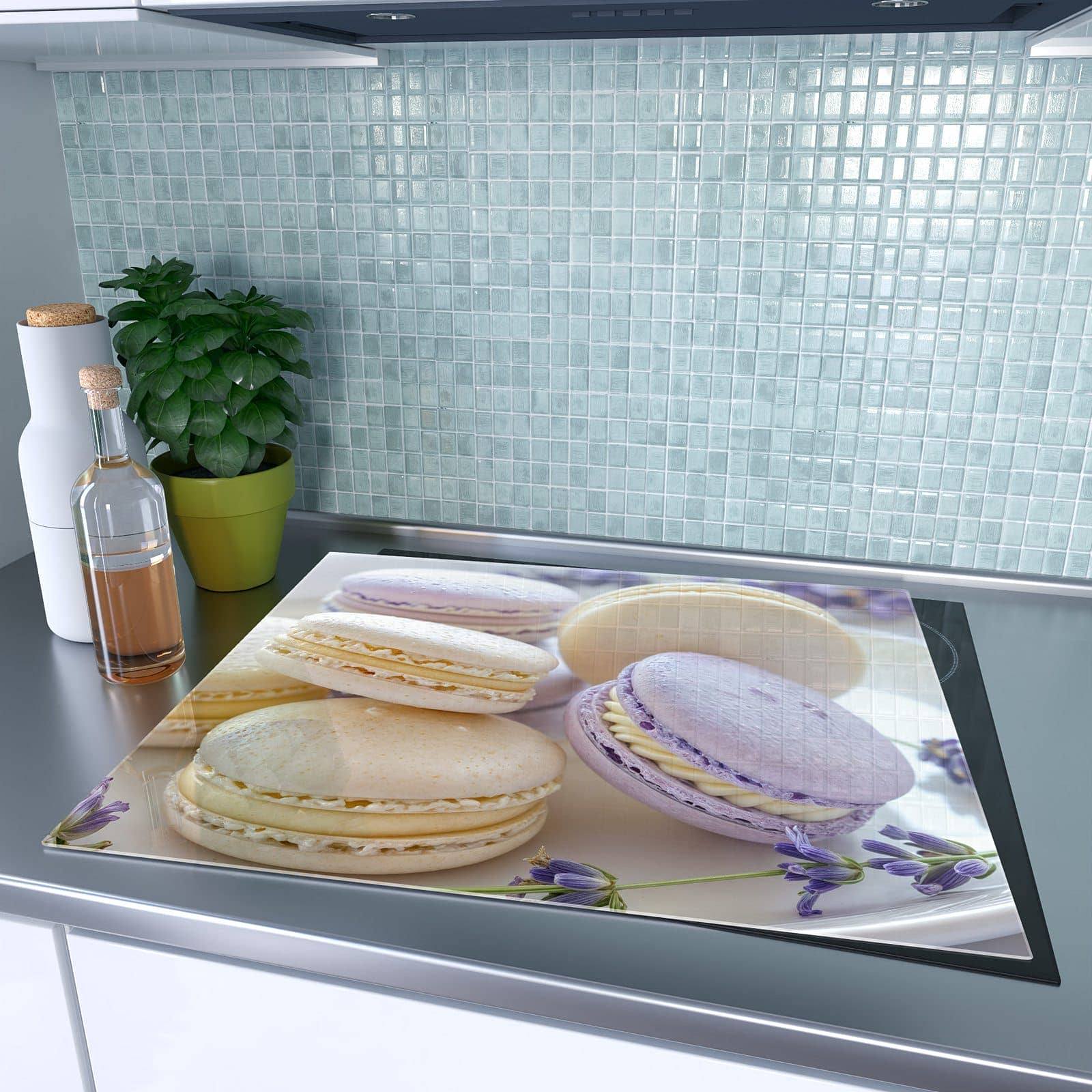 1-teilige Herdabdeckplatten aus Glas mit Lavendel Macarons-Motiv auf dem Ceranfeld