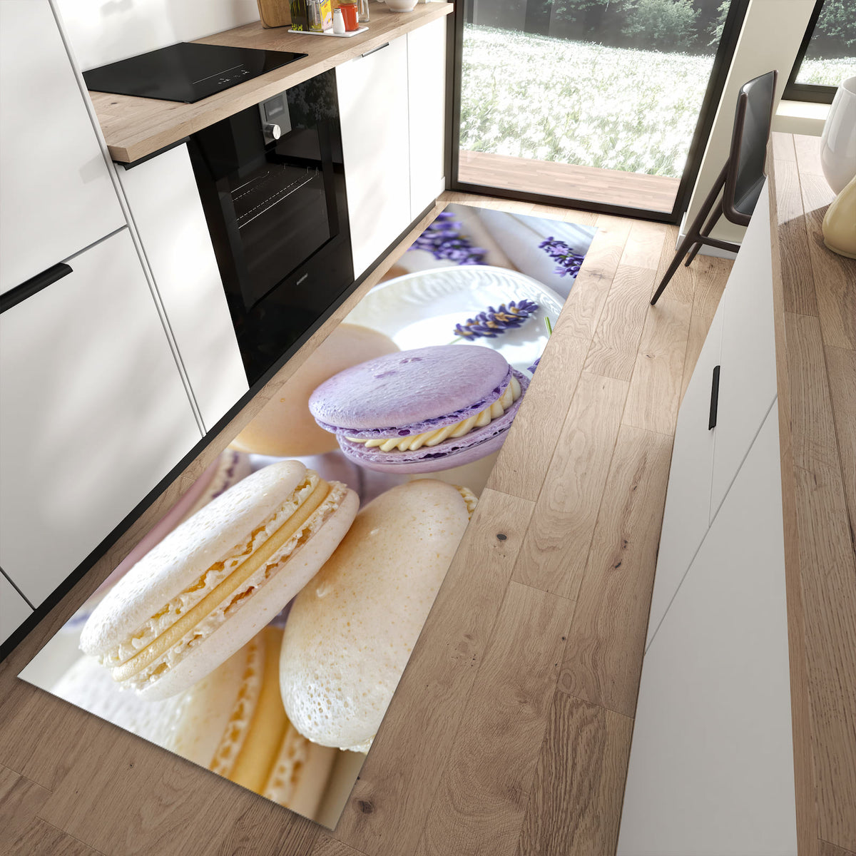 Ordnungsschaffender Teppichläufer mit Motiv Lavendel Macarons in moderner Küche