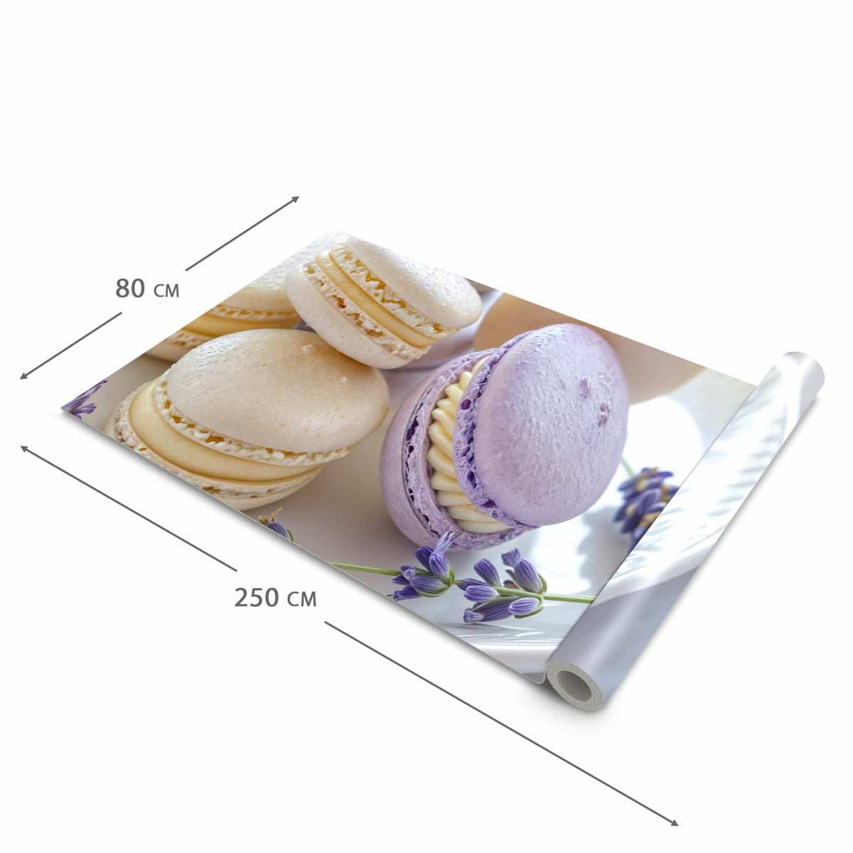 Langlebiger Küchenvorleger mit Motiv Lavendel Macarons in der Grösse 60x180 cm
