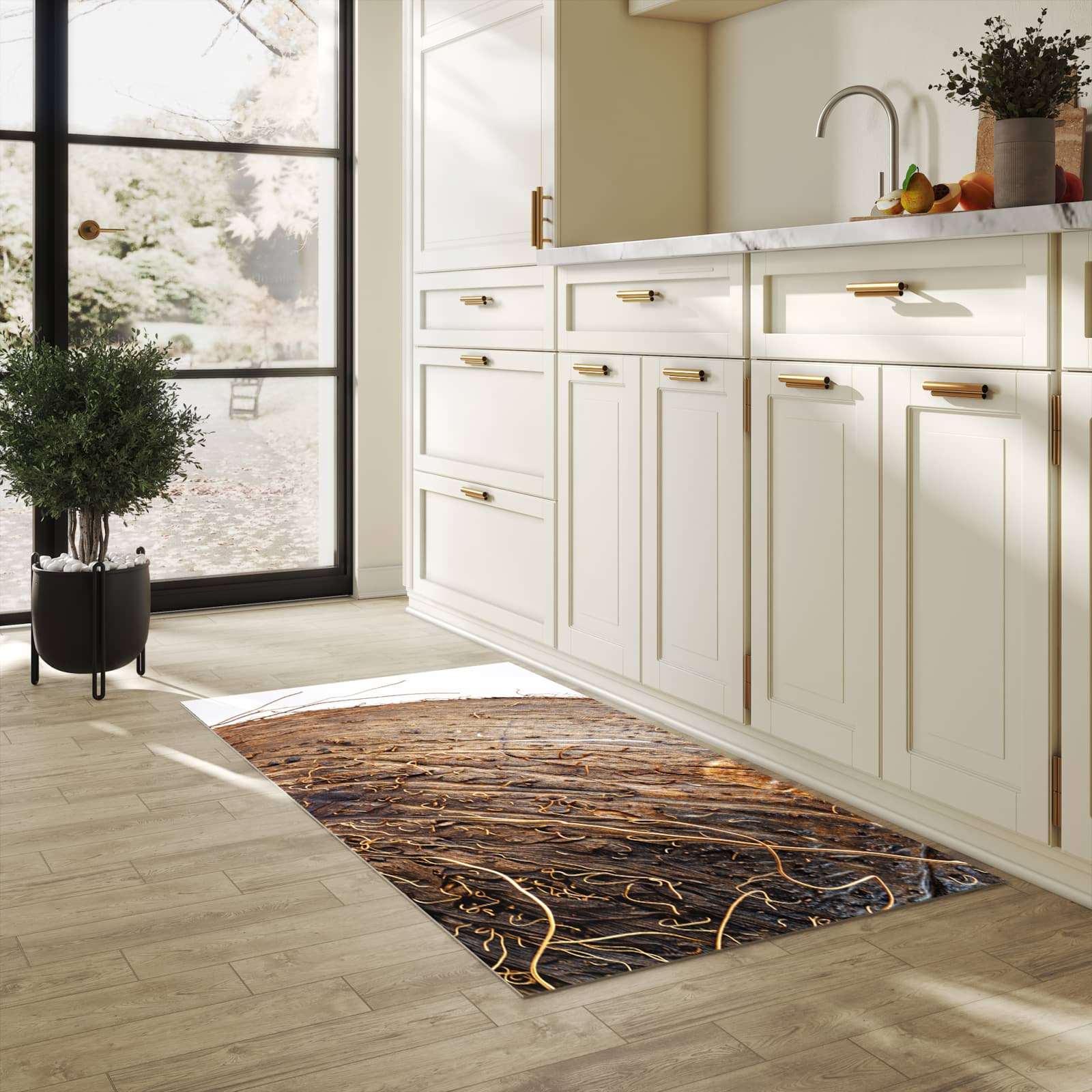 Langlebiger Küchenteppich mit Motiv Nuss Schale Detail in heller Küche