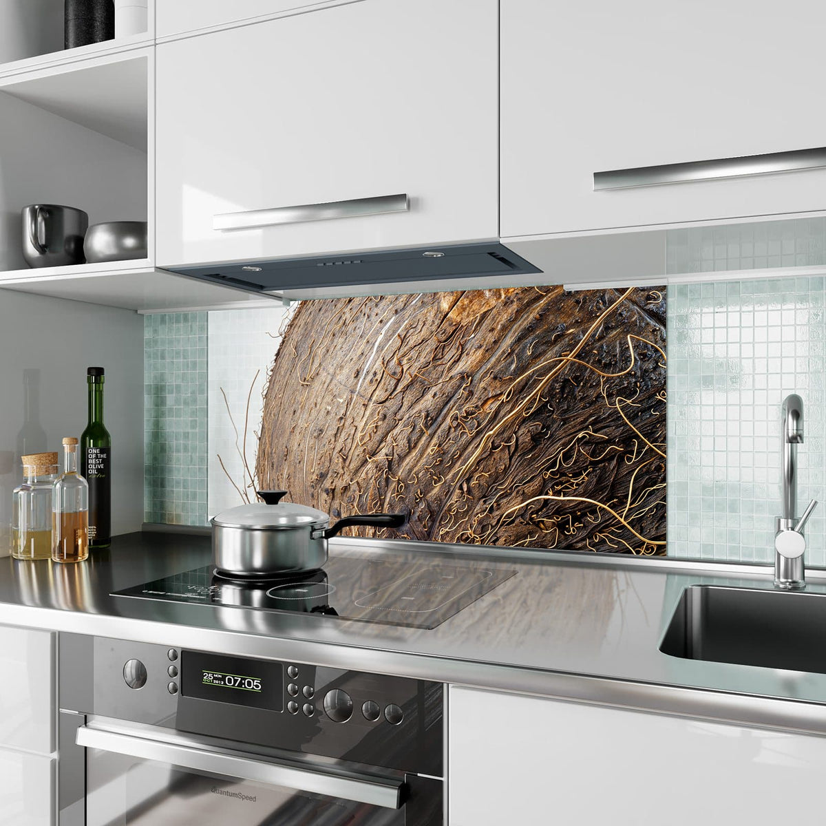Küchenrückwand aus Glas Faserige Kokosschale im Hochformat als Spritzschutz hinter dem Kochfeld, über dem Fliesenspiegel montiert