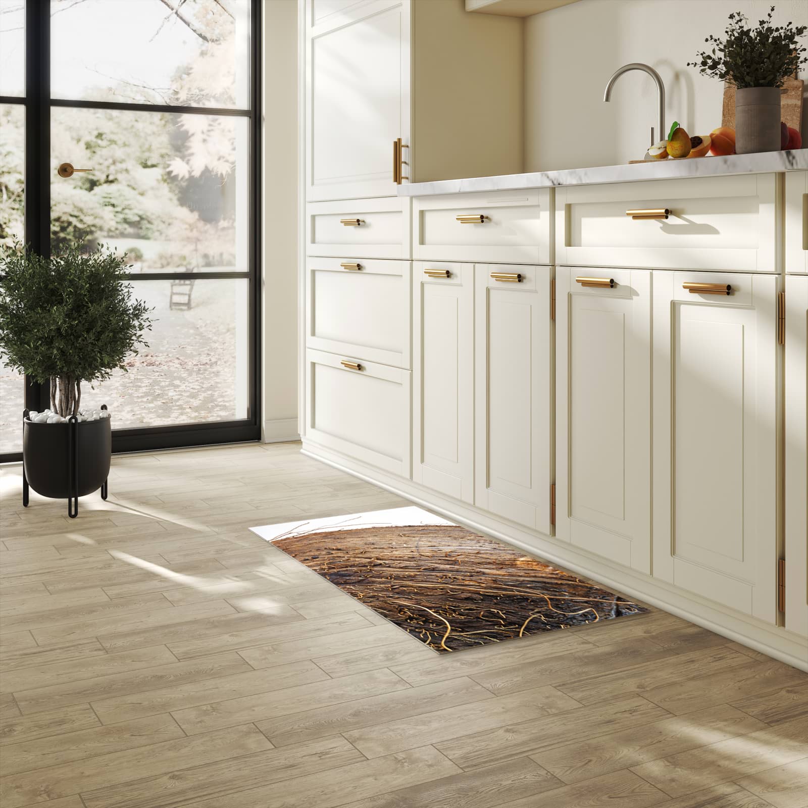 Geruchsneutraler Küchenläufer nach Maß mit Motiv Nuss Schale Detail in heller Küche