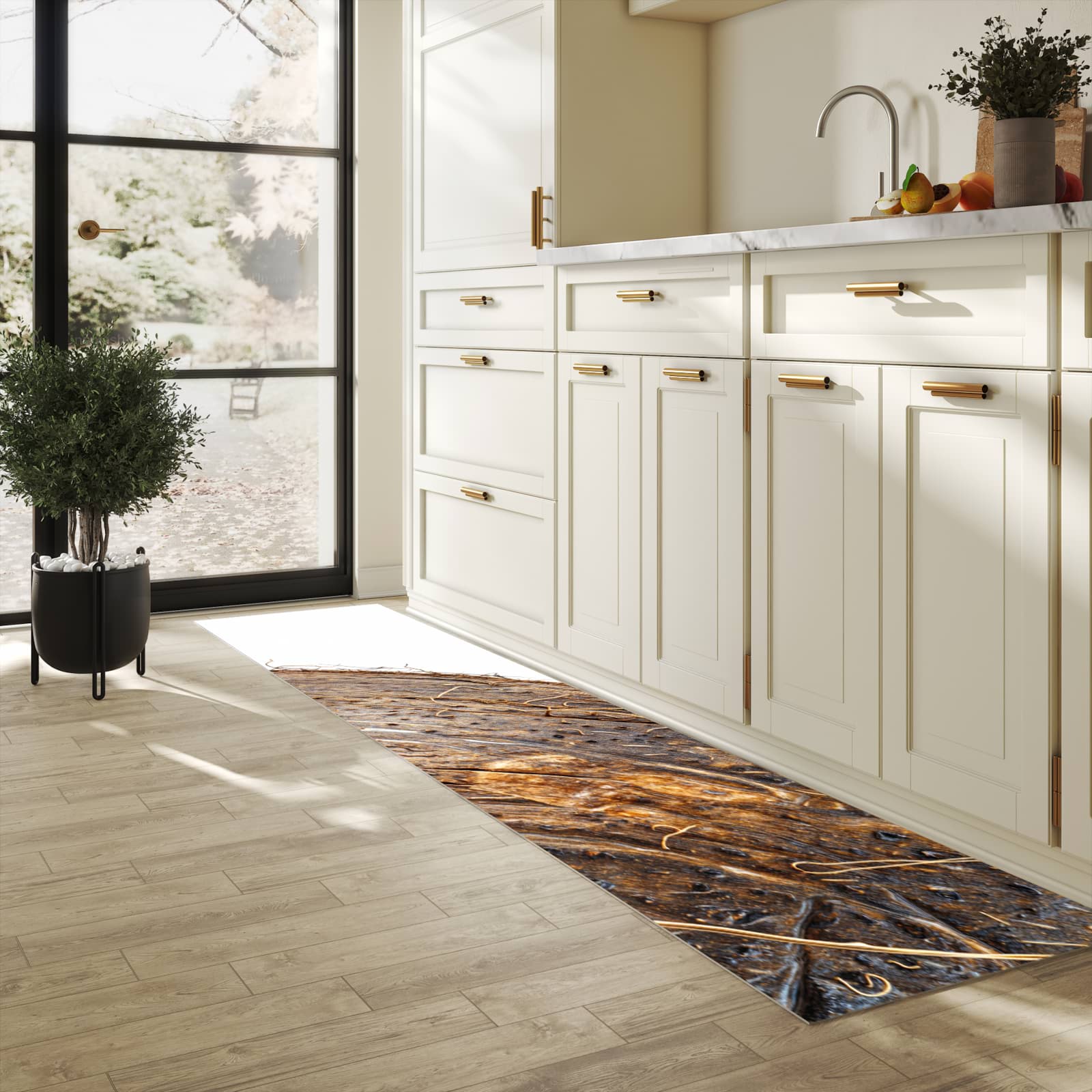 Rutschfester Küchenläufer mit Motiv Nuss Schale Detail in heller Küche