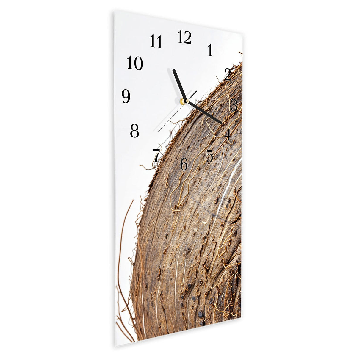 Vormontiert – mit Schwebeeffekt – Wanduhr Nuss Schale Detail aus Glas – Hochformat 30 × 60 cm